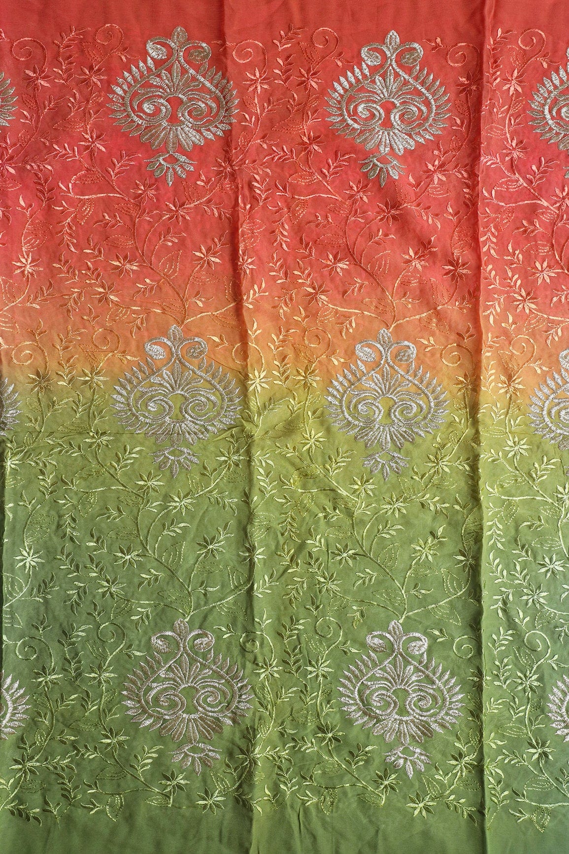 1 Meter Cut Piece Of Multi Thread With Silver Zari Floral Embroidery On Multi Color Viscose Georgette Fabric - doeraa