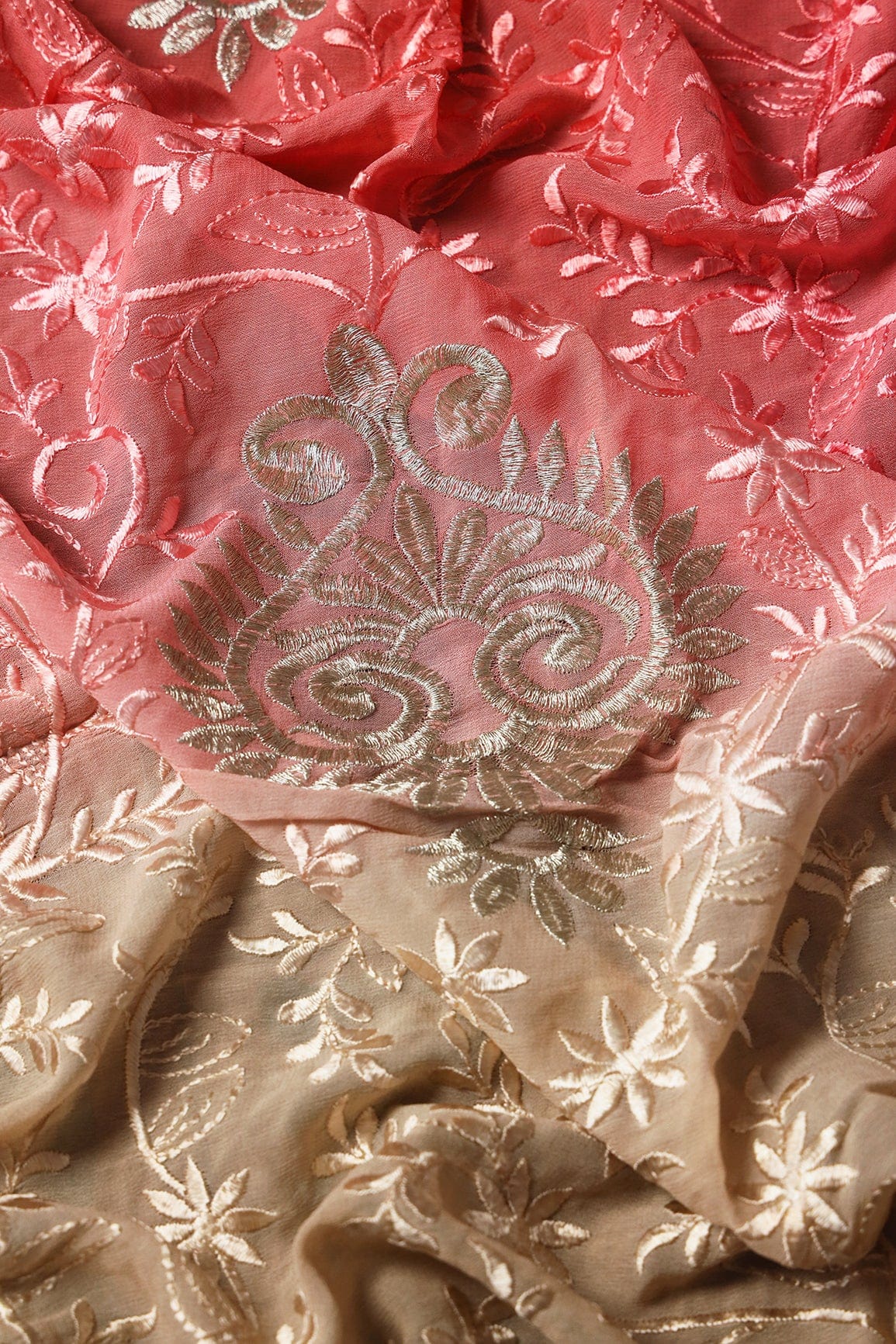 1 Meter Cut Piece Of Multi Thread With Silver Zari Floral Embroidery On Multi Color Viscose Georgette Fabric - doeraa