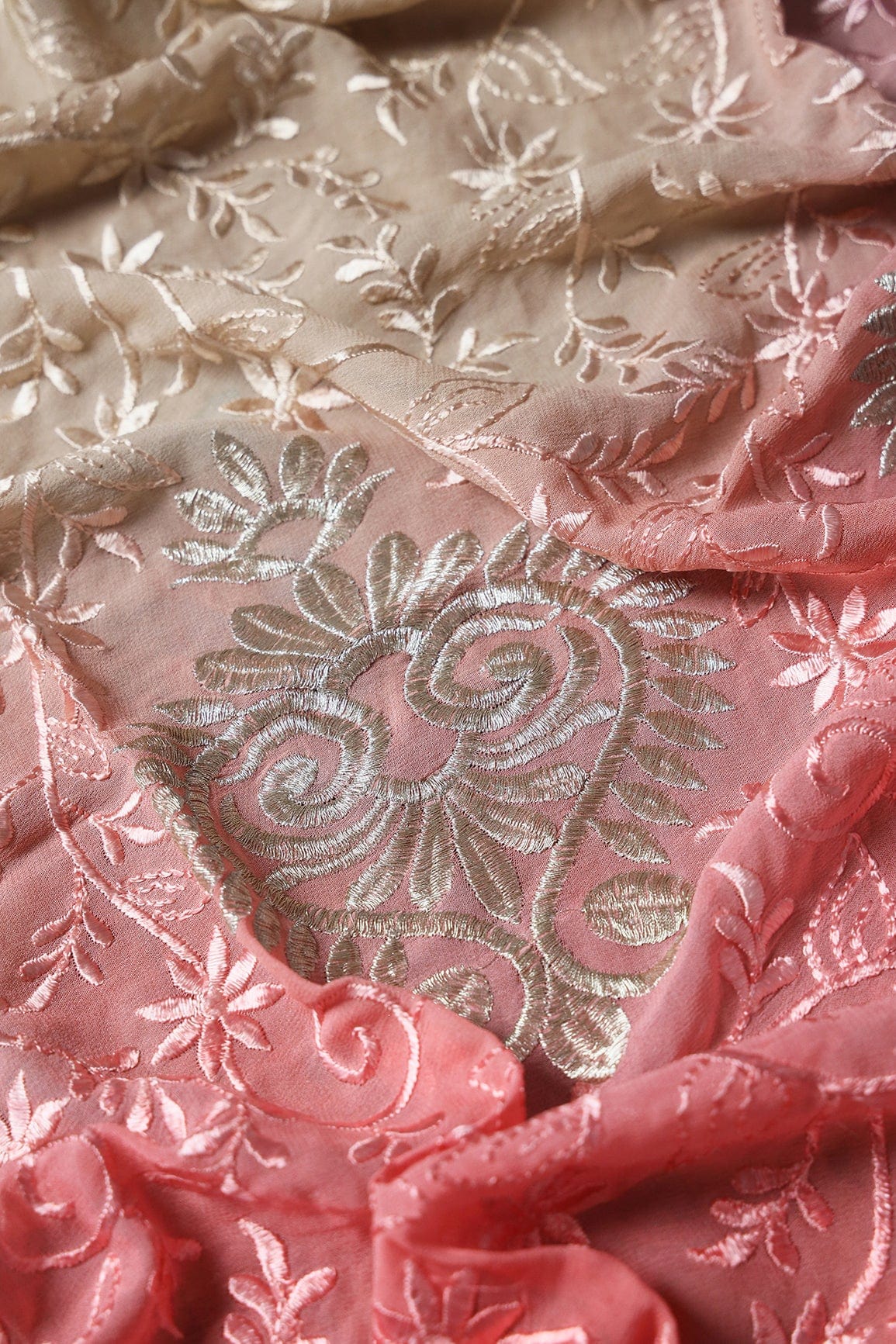 1 Meter Cut Piece Of Multi Thread With Silver Zari Floral Embroidery On Multi Color Viscose Georgette Fabric - doeraa