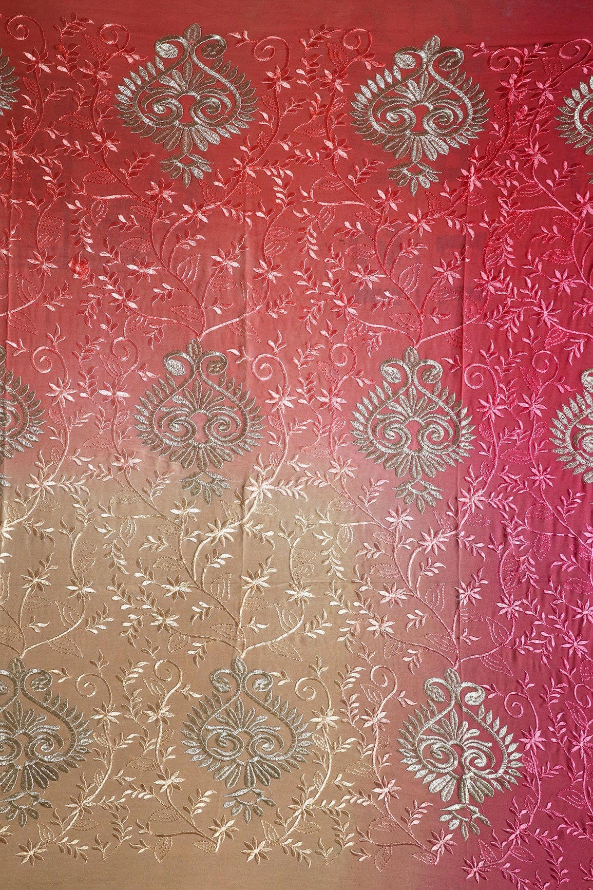 1 Meter Cut Piece Of Multi Thread With Silver Zari Floral Embroidery On Multi Color Viscose Georgette Fabric - doeraa