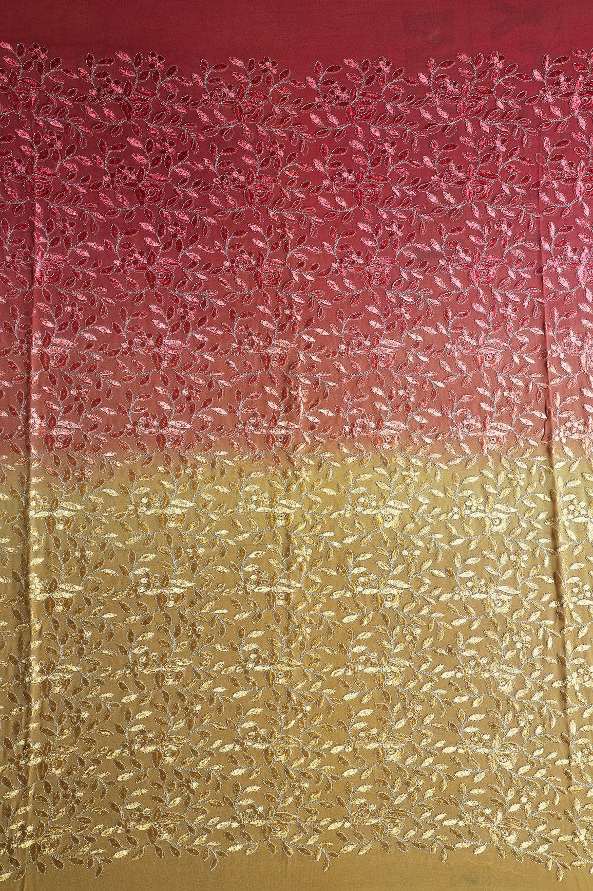 1 Meter Cut Piece Of Multi Thread With Zari Leafy Embroidery On Multi Color Viscose Georgette Fabric - doeraa