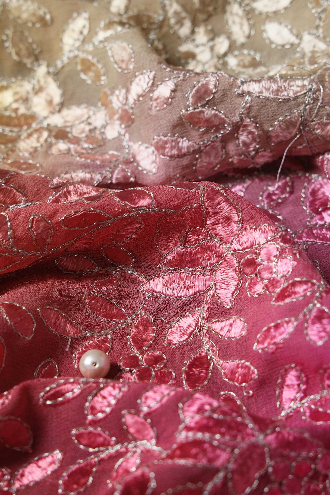 1 Meter Cut Piece Of Multi Thread With Zari Leafy Embroidery On Multi Color Viscose Georgette Fabric - doeraa