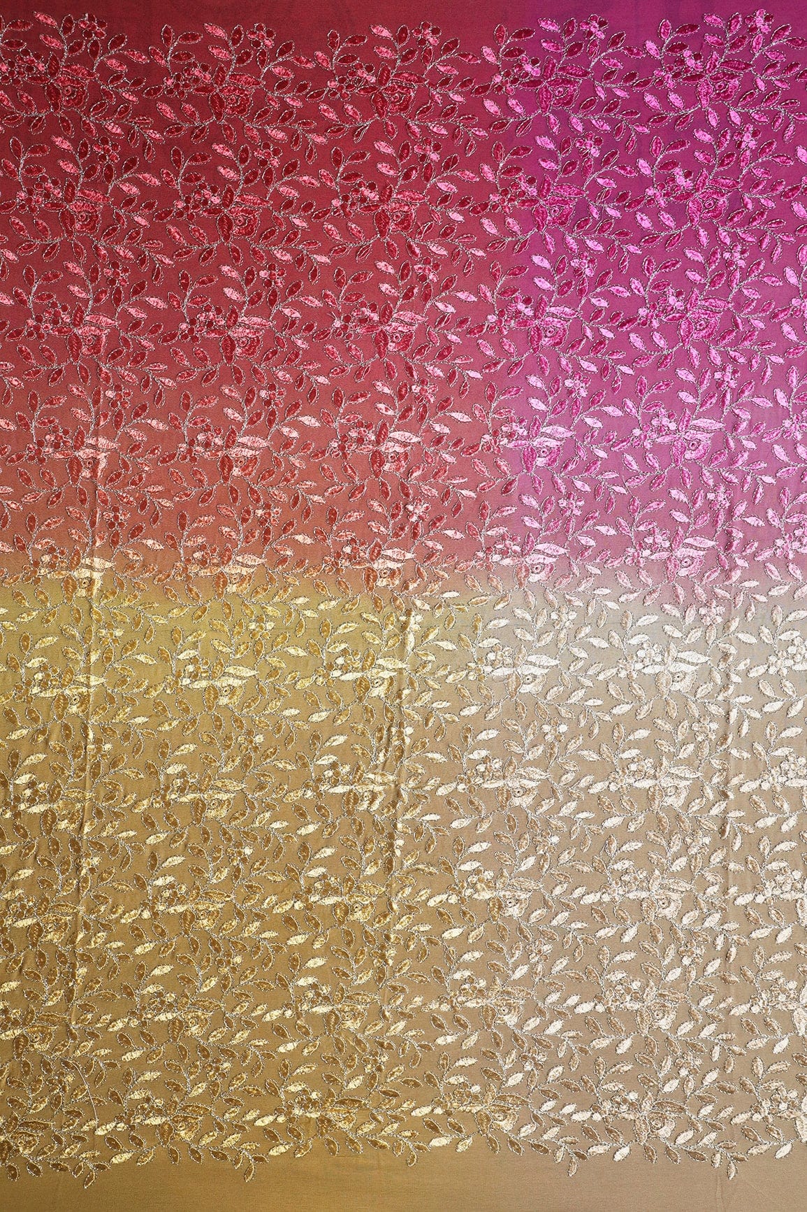 1 Meter Cut Piece Of Multi Thread With Zari Leafy Embroidery On Multi Color Viscose Georgette Fabric - doeraa