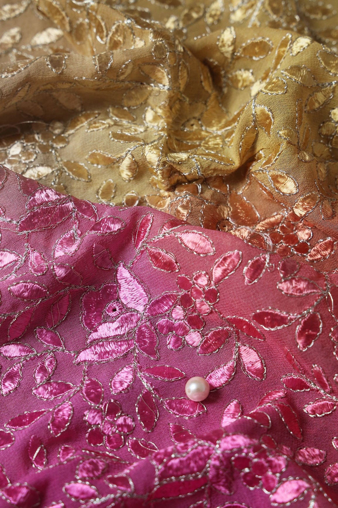 1 Meter Cut Piece Of Multi Thread With Zari Leafy Embroidery On Multi Color Viscose Georgette Fabric - doeraa