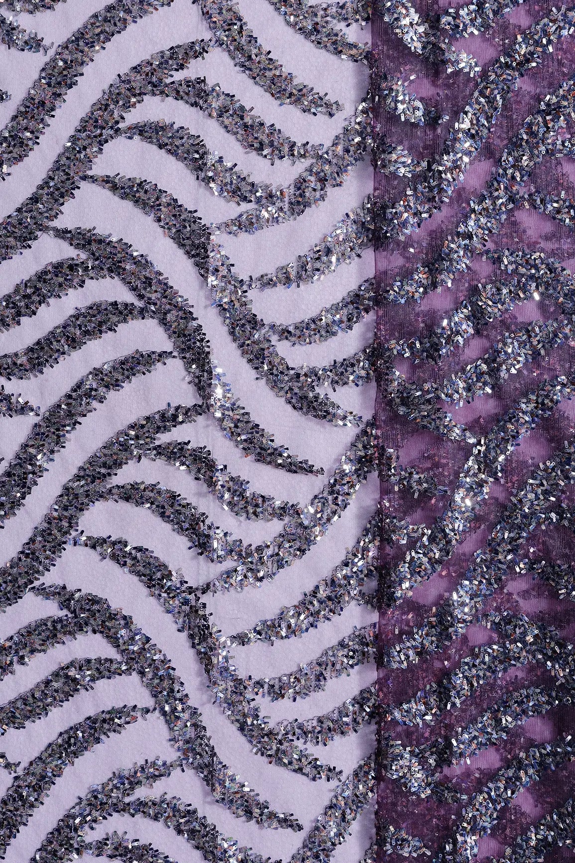 1 Meter Cut Piece Of Oval Sequins Geometric Embroidery Work On Dark Wine Soft Net Fabric - doeraa