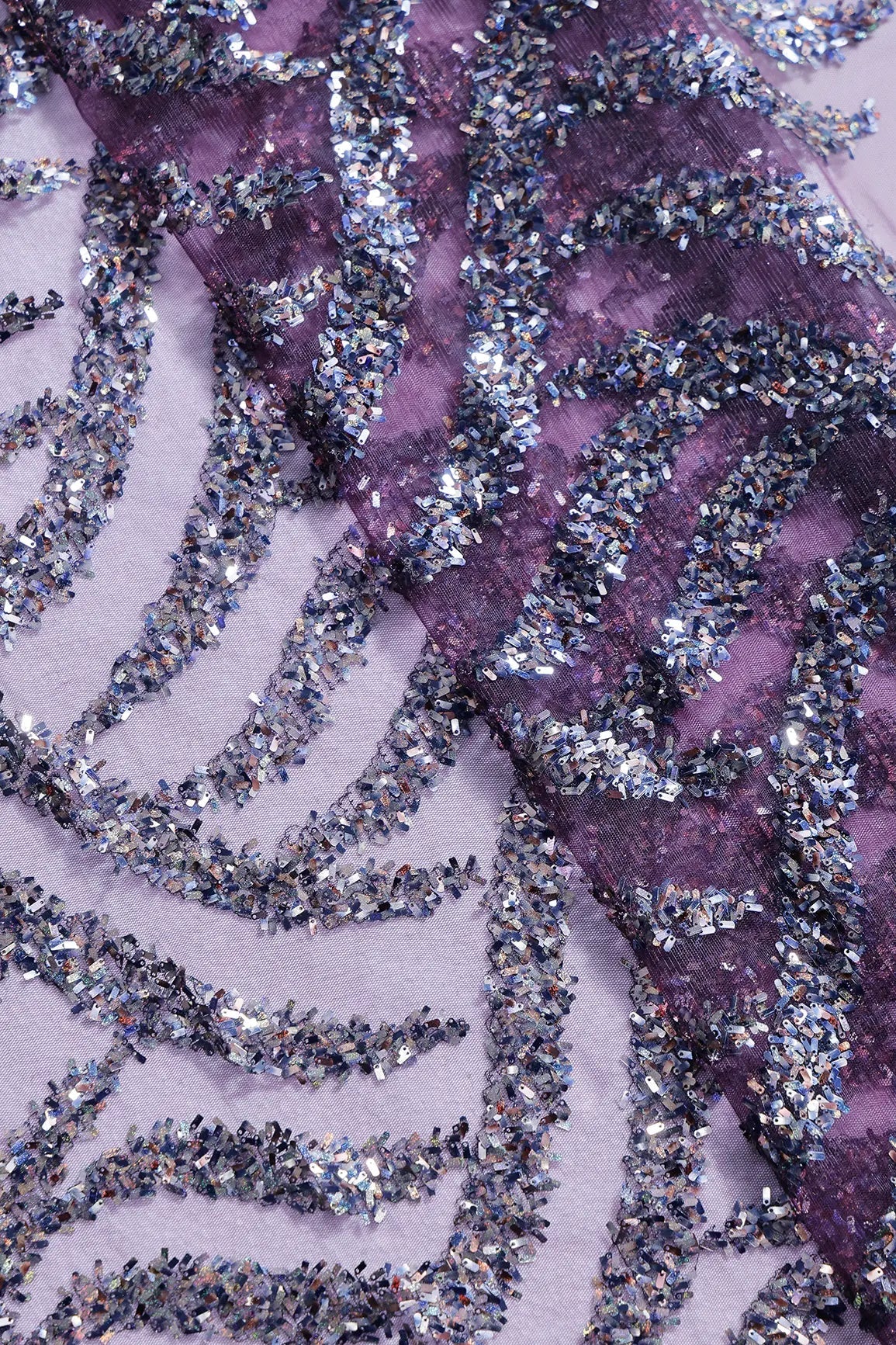 1 Meter Cut Piece Of Oval Sequins Geometric Embroidery Work On Dark Wine Soft Net Fabric - doeraa