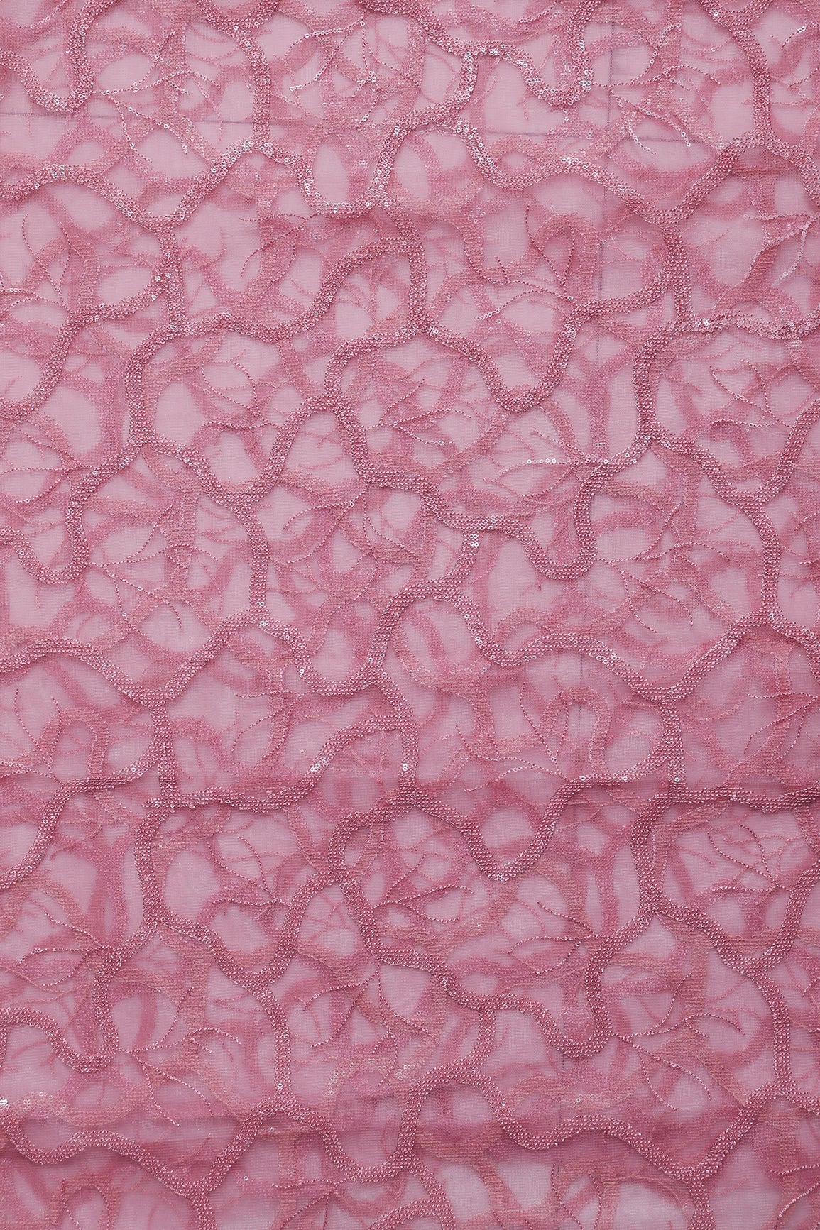 1 Meter Cut Piece Of Pink Thread With Water Sequins Abstract Embroidery Work On Pink Soft Net Fabric - doeraa