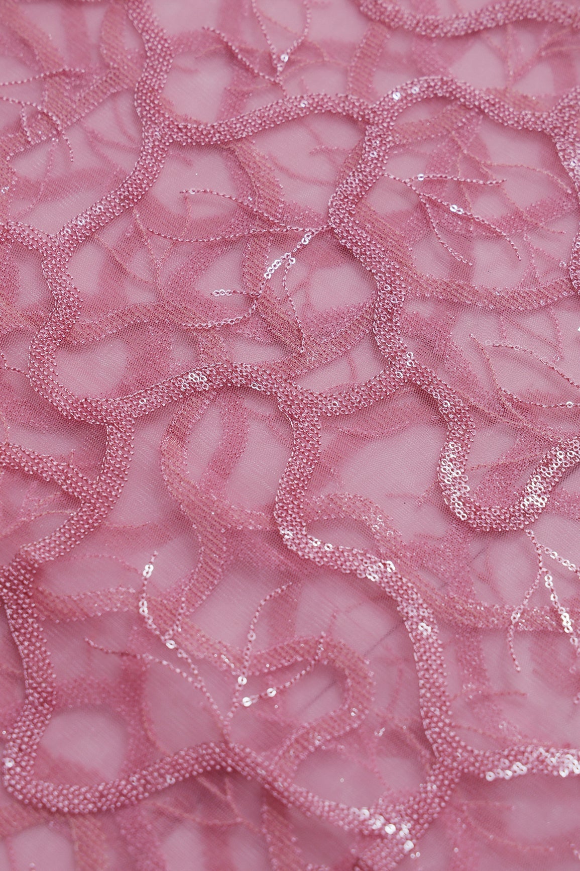 1 Meter Cut Piece Of Pink Thread With Water Sequins Abstract Embroidery Work On Pink Soft Net Fabric - doeraa