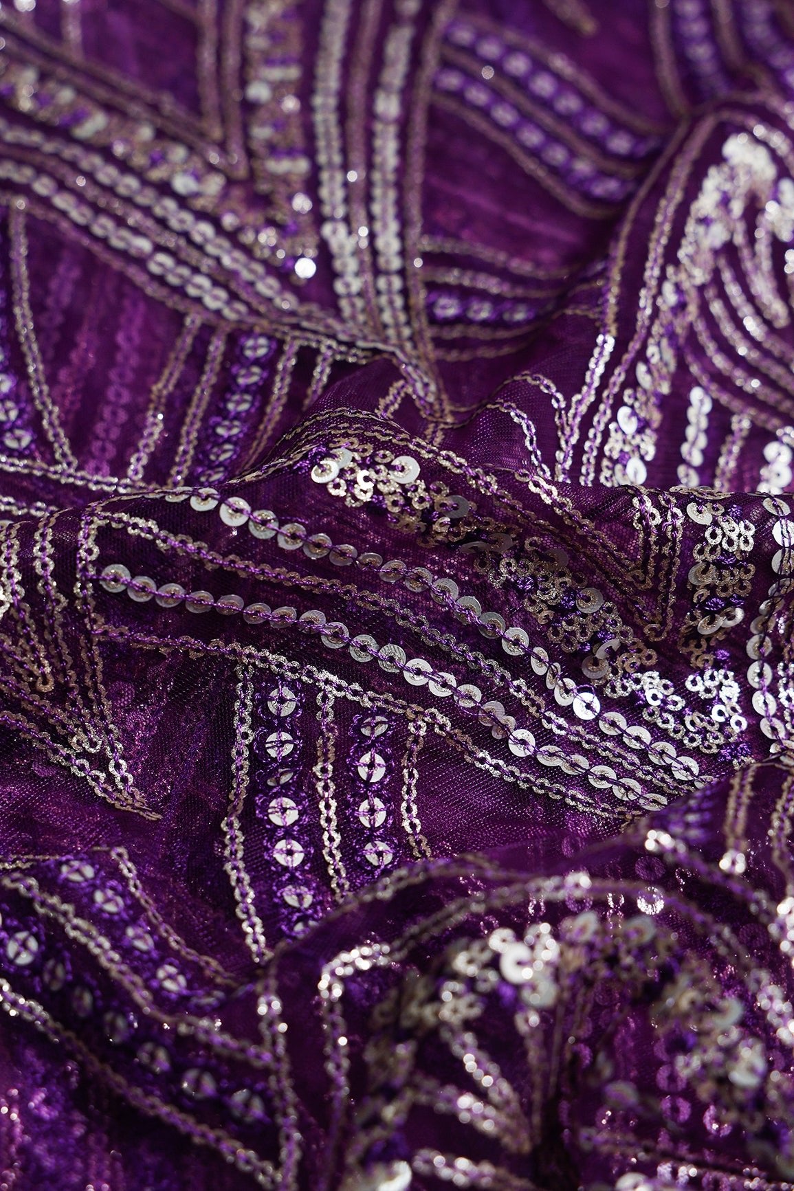 1 Meter Cut Piece Of Purple Thread With Gold Sequins Geometric Embroidery Work On Purple Soft Net Fabric - doeraa