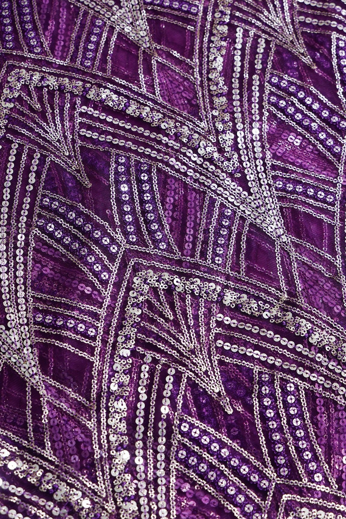 1 Meter Cut Piece Of Purple Thread With Gold Sequins Geometric Embroidery Work On Purple Soft Net Fabric - doeraa