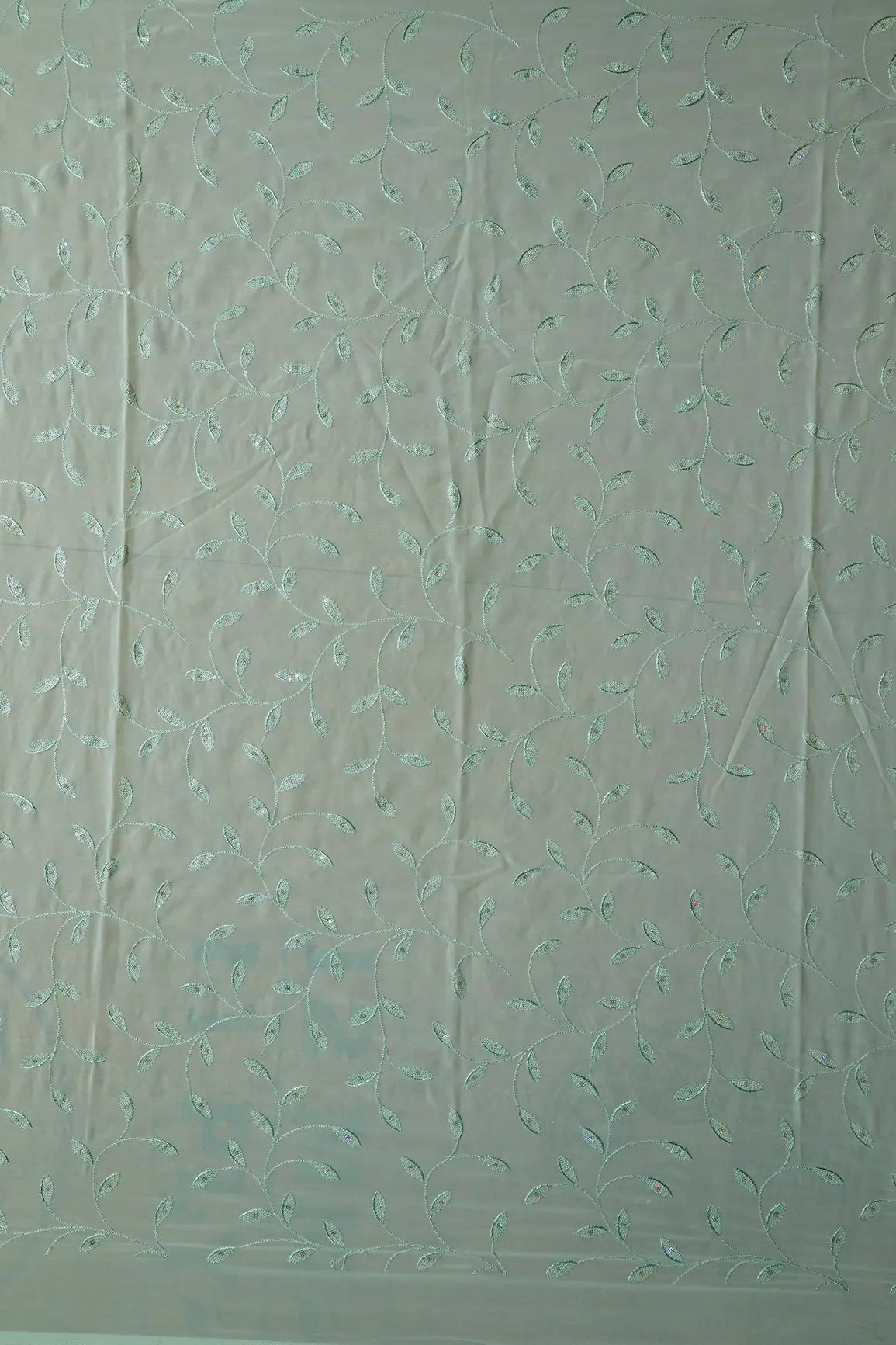 1 Meter Cut Piece Of Rainbow Sequins Leafy Embroidery On Pista Green Georgette Fabric - doeraa