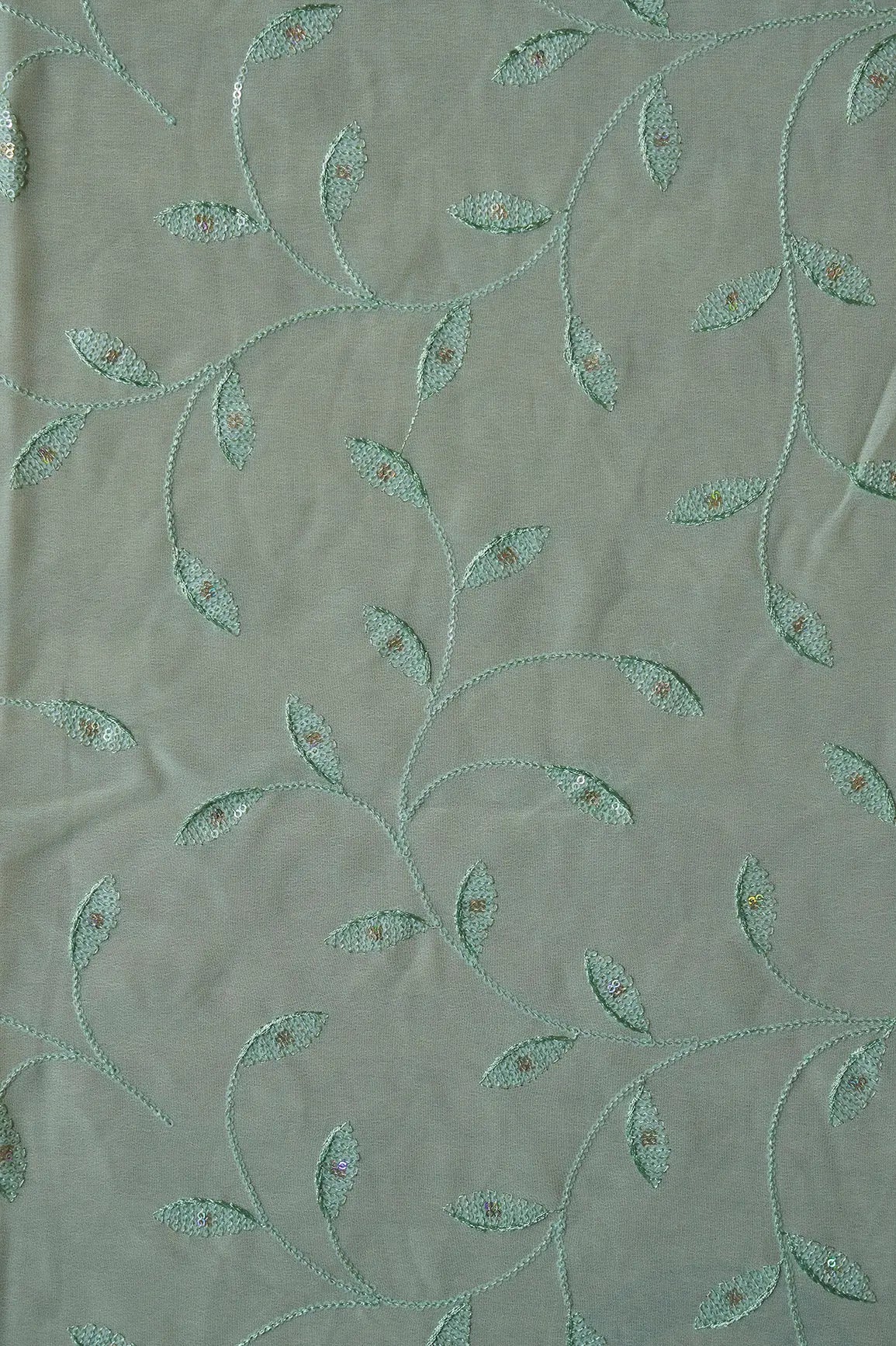 1 Meter Cut Piece Of Rainbow Sequins Leafy Embroidery On Pista Green Georgette Fabric - doeraa