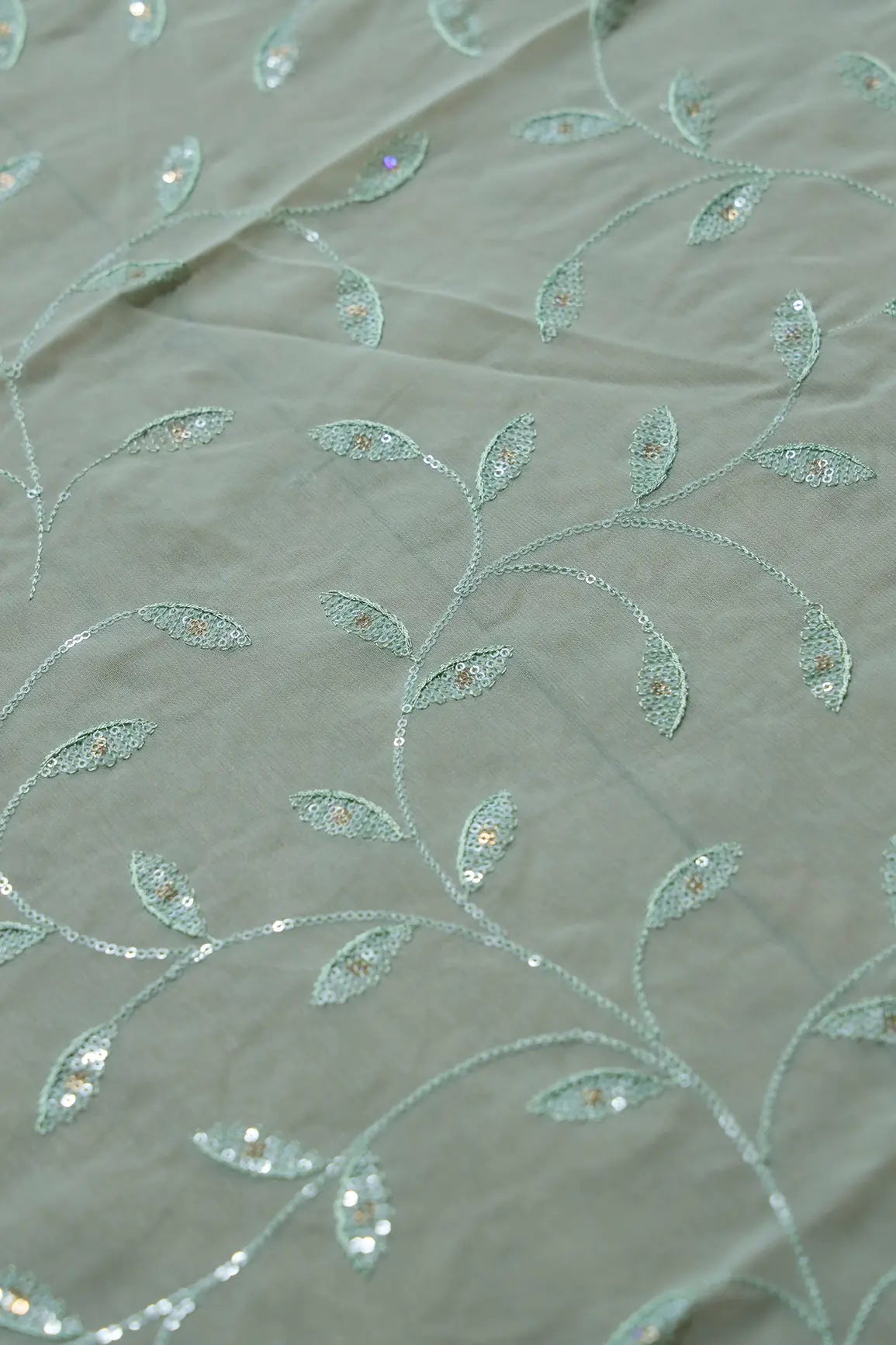 1 Meter Cut Piece Of Rainbow Sequins Leafy Embroidery On Pista Green Georgette Fabric - doeraa