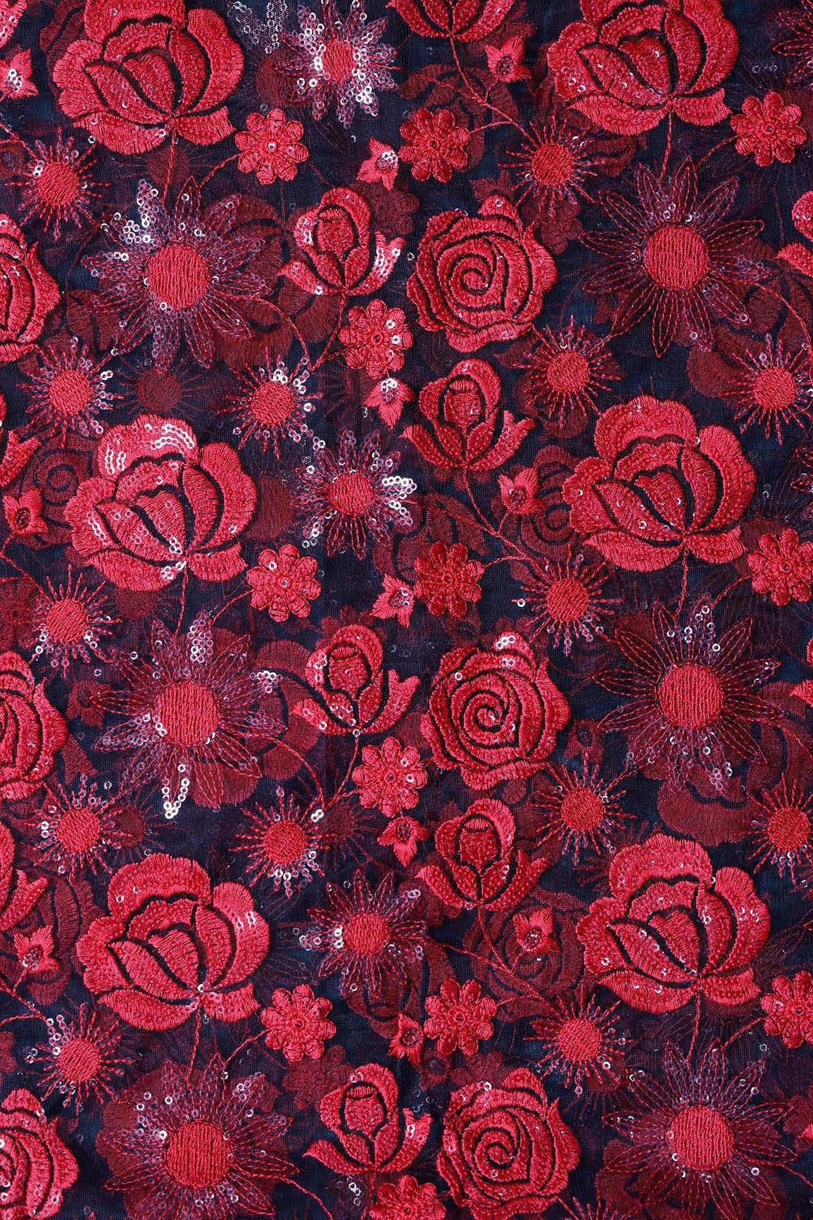 1 Meter Cut Piece Of Red Thread With Sequins Heavy Floral Embroidery On Black Soft Net Fabric - doeraa