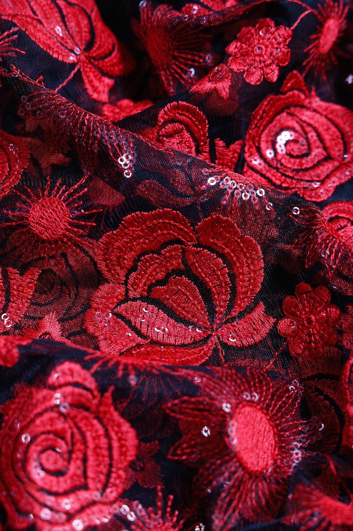 1 Meter Cut Piece Of Red Thread With Sequins Heavy Floral Embroidery On Black Soft Net Fabric - doeraa