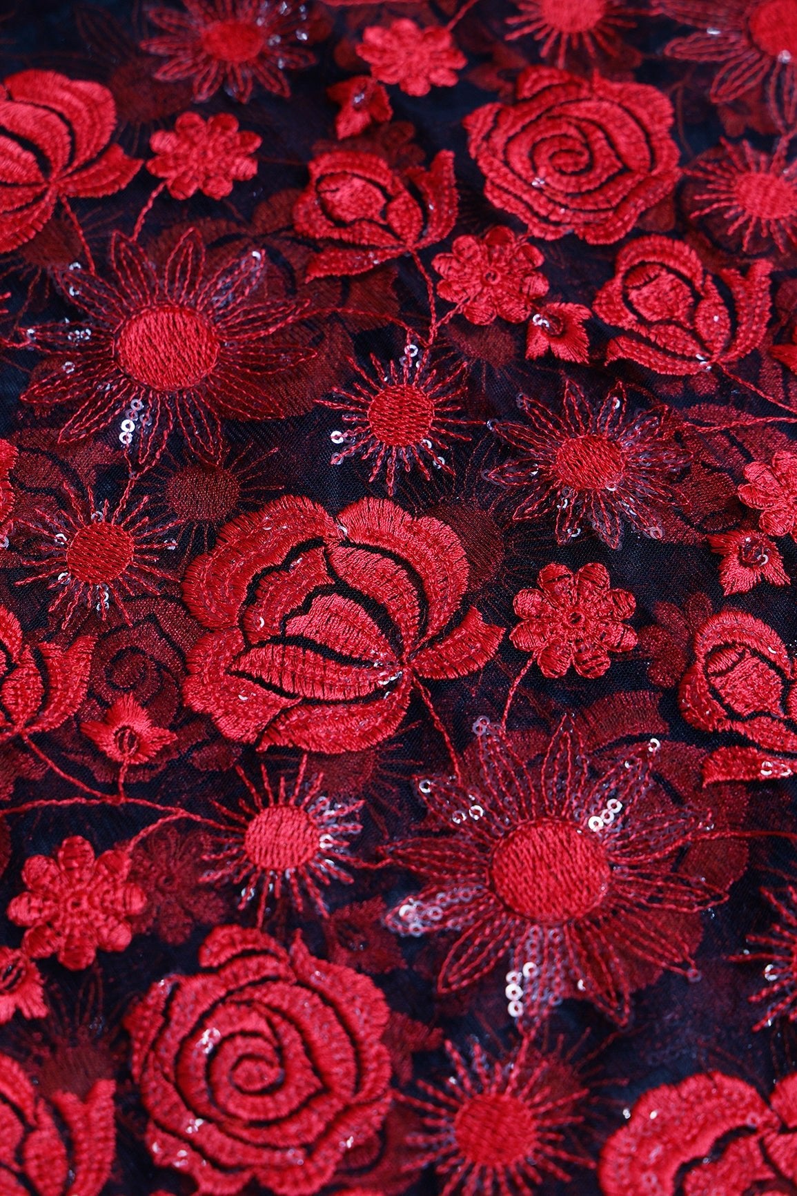 1 Meter Cut Piece Of Red Thread With Sequins Heavy Floral Embroidery On Black Soft Net Fabric - doeraa