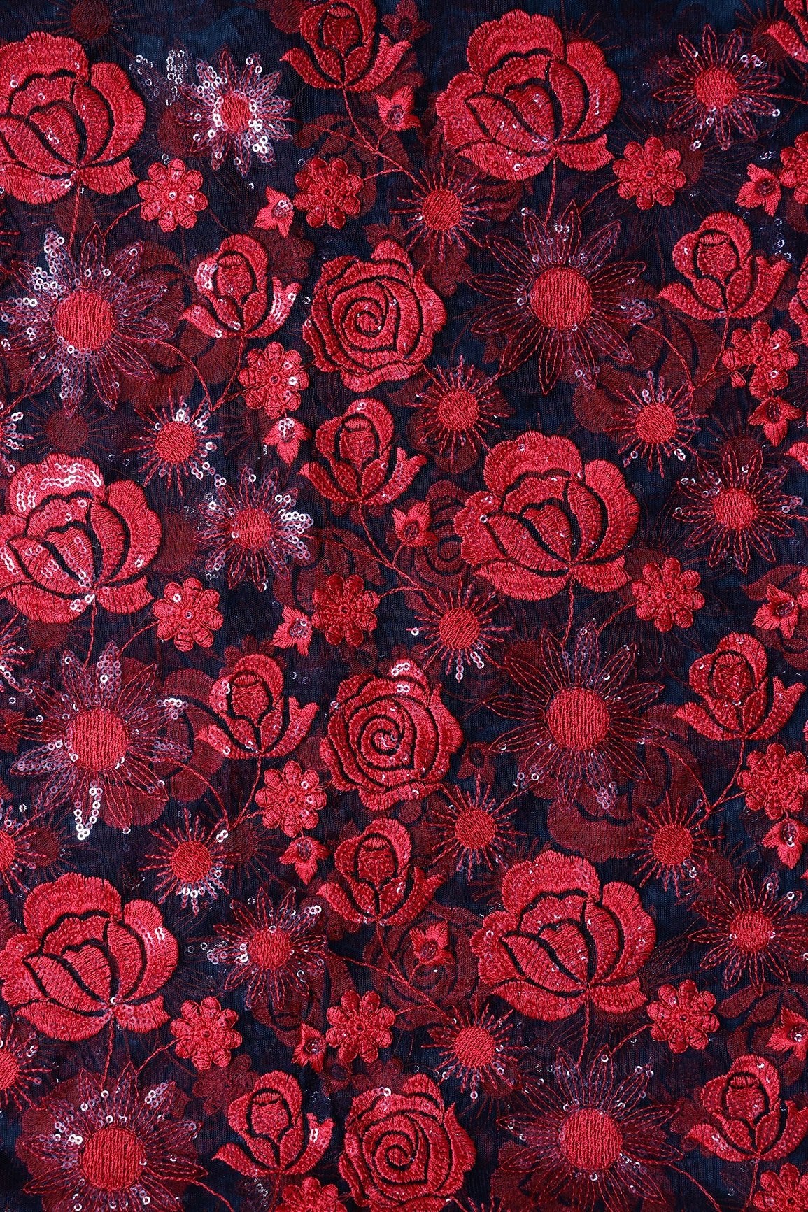1 Meter Cut Piece Of Red Thread With Sequins Heavy Floral Embroidery On Black Soft Net Fabric - doeraa