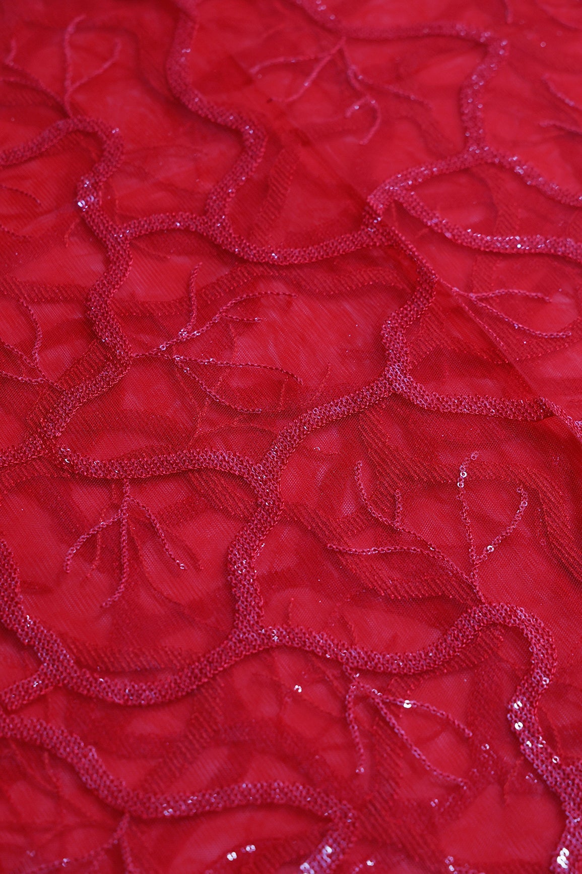 1 Meter Cut Piece Of Red Thread With Water Sequins Abstract Embroidery Work On Red Soft Net Fabric - doeraa