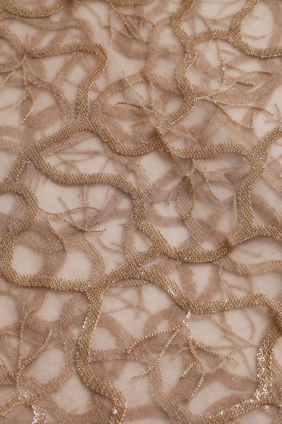 1 Meter Cut Piece Of Water Sequins Abstract Embroidery On Beige Soft Net Fabric - doeraa