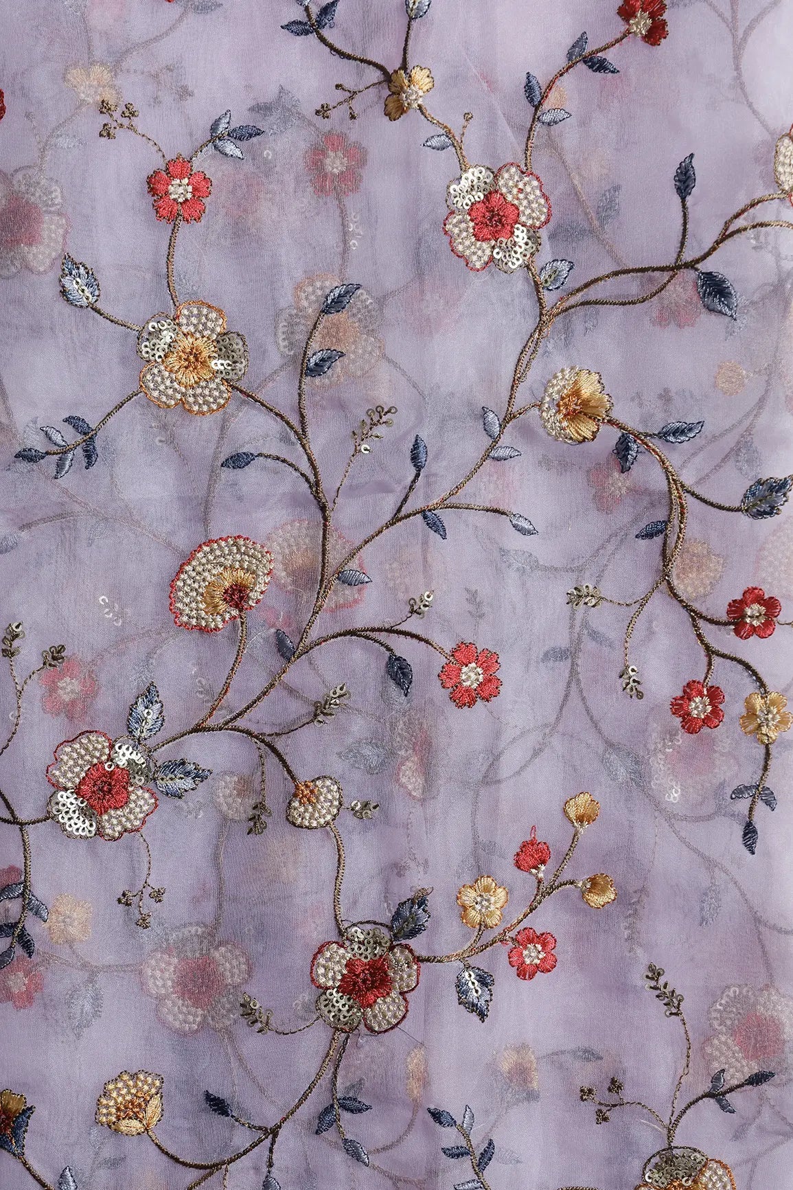 1.25 Meter Cut Piece Of Beautiful Floral Multi Color Thread with Sequins Embroidery Work On Lilac Organza Fabric - doeraa