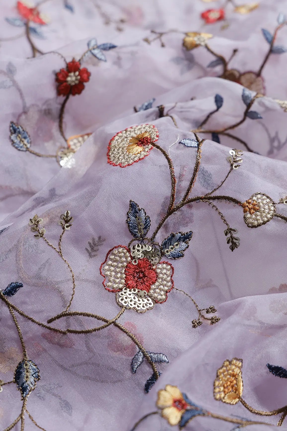 1.25 Meter Cut Piece Of Beautiful Floral Multi Color Thread with Sequins Embroidery Work On Lilac Organza Fabric - doeraa