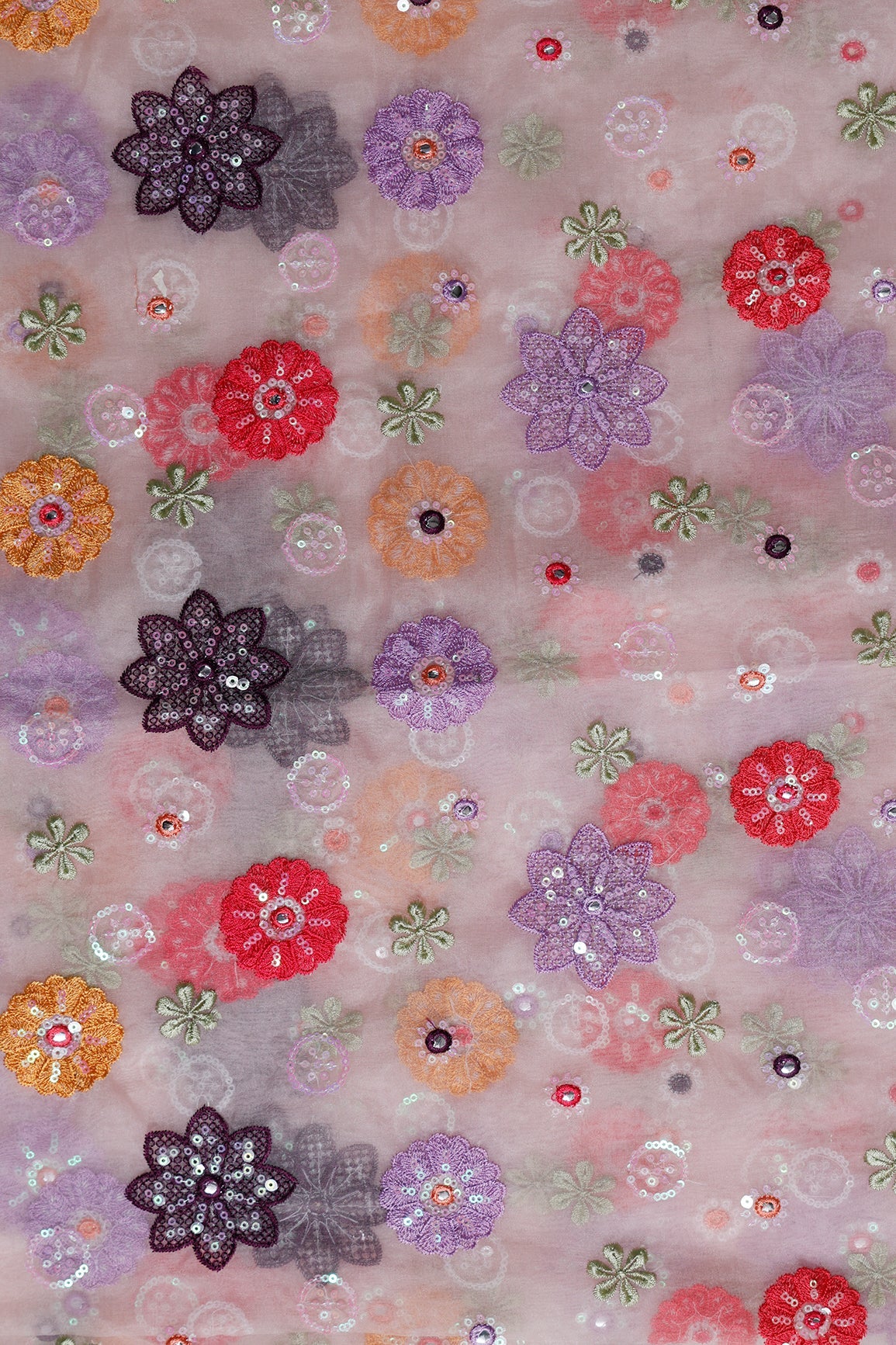 1.25 Meter Cut Piece Of Exclusive Floral Designer Embroidery With Faux Mirror On Light Pink Organza Fabric - doeraa