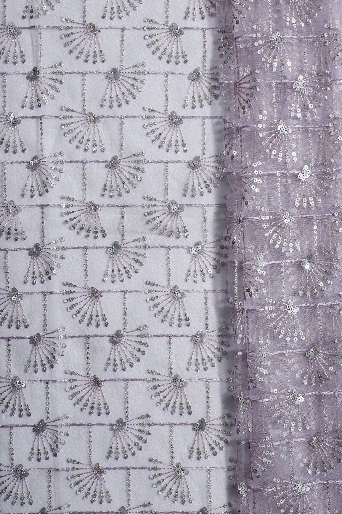 1.25 Meter Cut Piece Of Gold And Silver Sequins With Lavender Thread Embroidery On Lavender Soft Net - doeraa