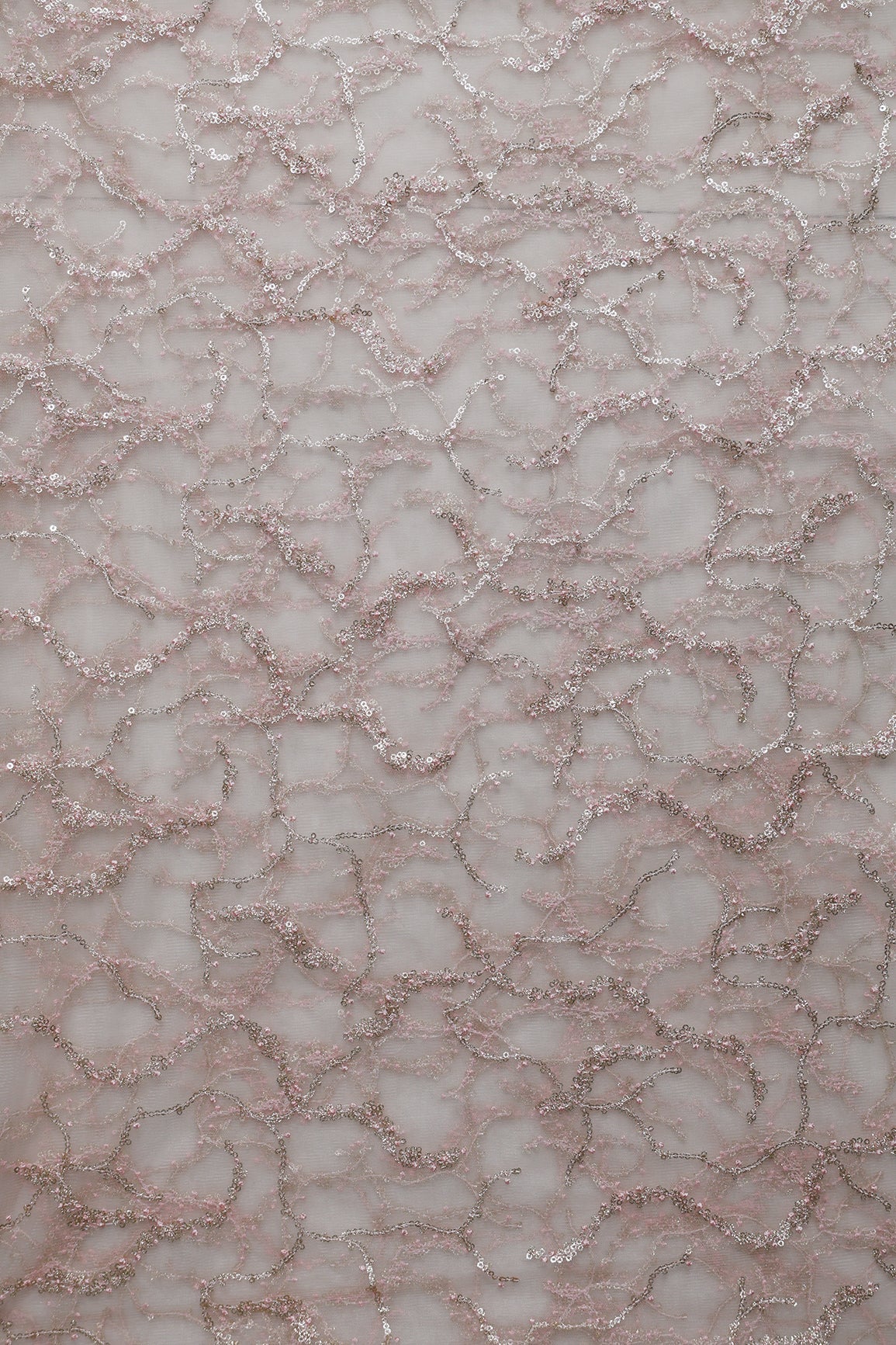 1.25 Meter Cut Piece Of Gold Sequins Geometric Embroidery On Baby Pink Soft Net Fabric - doeraa