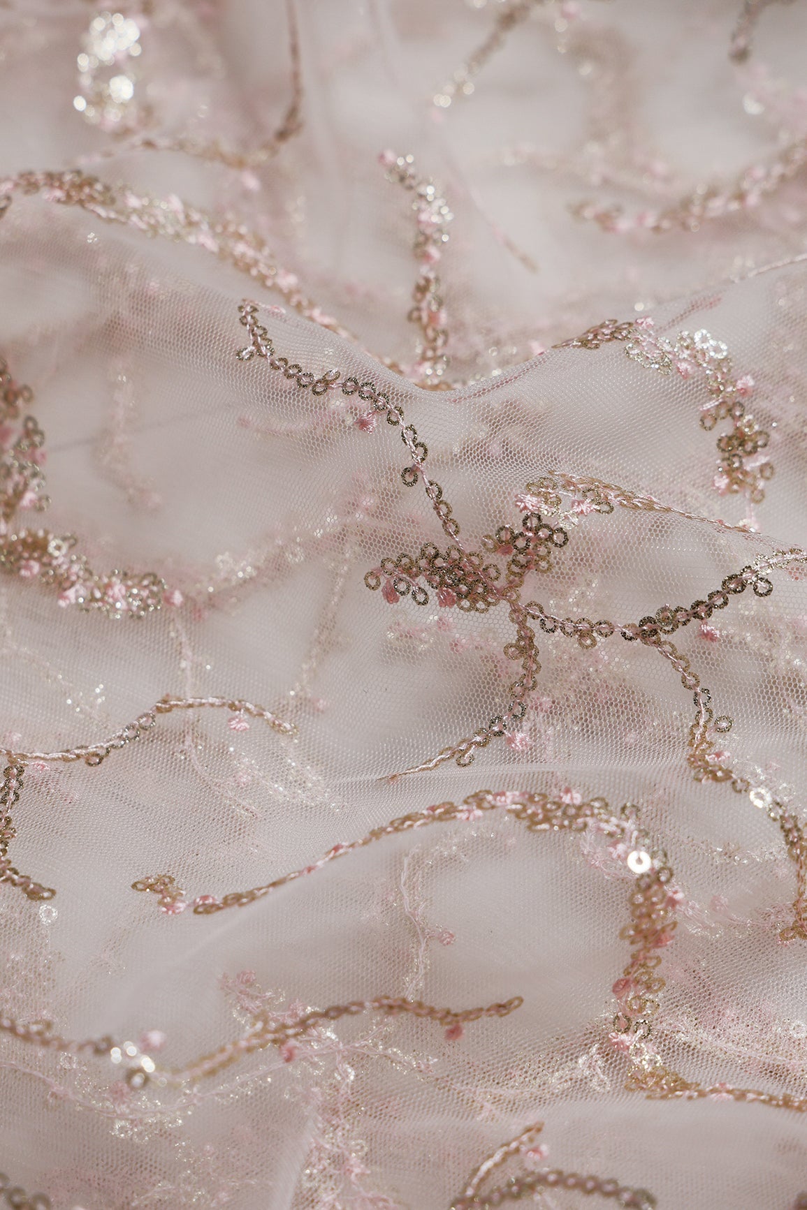 1.25 Meter Cut Piece Of Gold Sequins Geometric Embroidery On Baby Pink Soft Net Fabric - doeraa