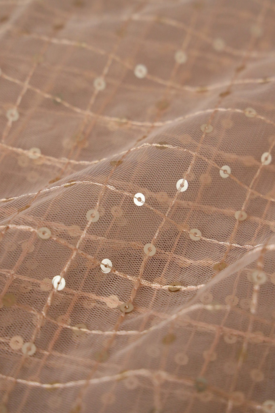 1.25 Meter Cut Piece Of Gold Sequins With Beige Thread Checks Embroidery On Beige Soft Net Fabric - doeraa