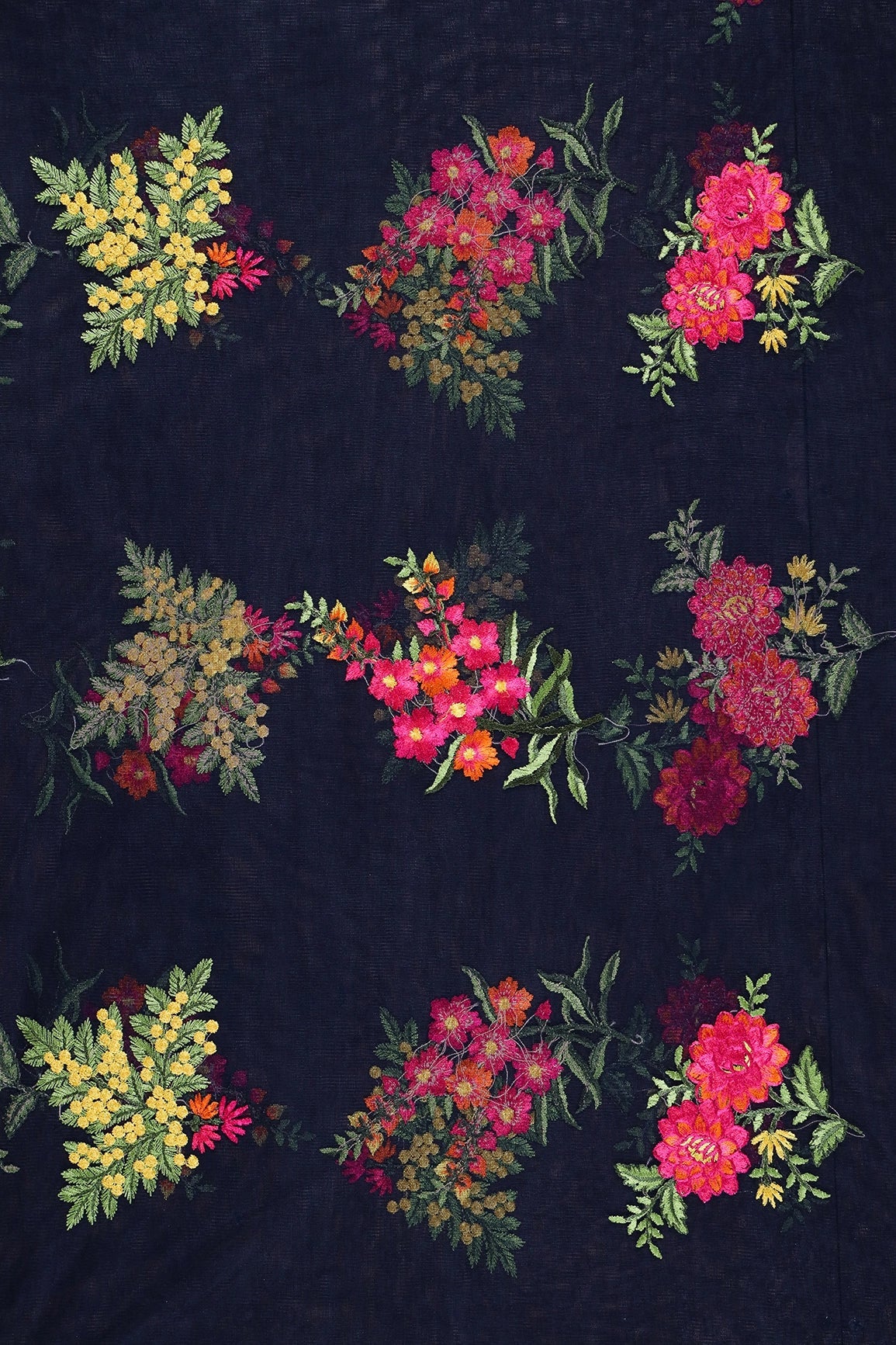 1.25 Meter Cut Piece Of Multi Thread Floral Embroidery On Navy Blue Soft Net Fabric - doeraa
