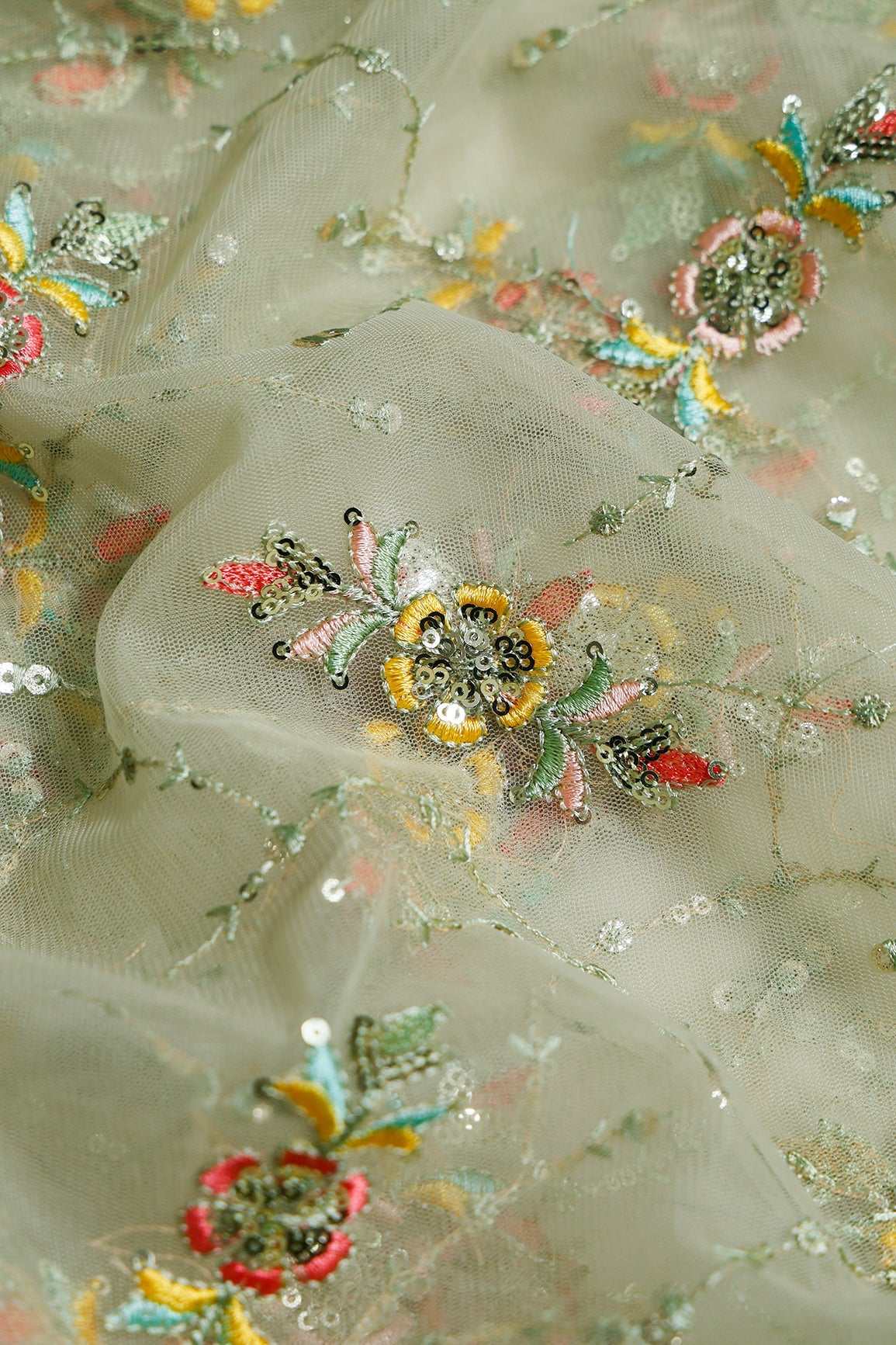 1.25 Meter Cut Piece Of Multi Thread With Gold Sequins Floral Embroidery Work On Olive Soft Net Fabric - doeraa