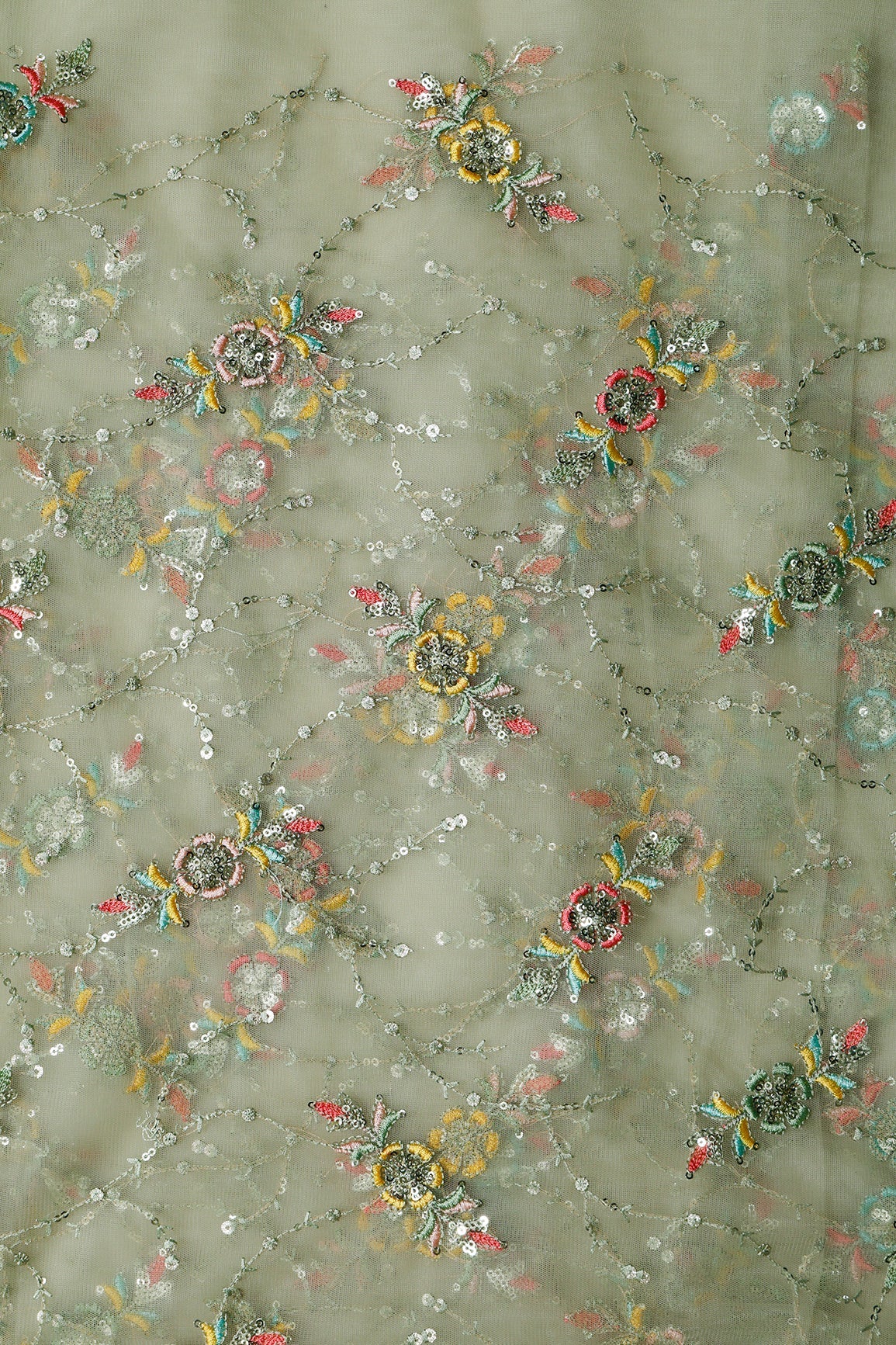 1.25 Meter Cut Piece Of Multi Thread With Gold Sequins Floral Embroidery Work On Olive Soft Net Fabric - doeraa