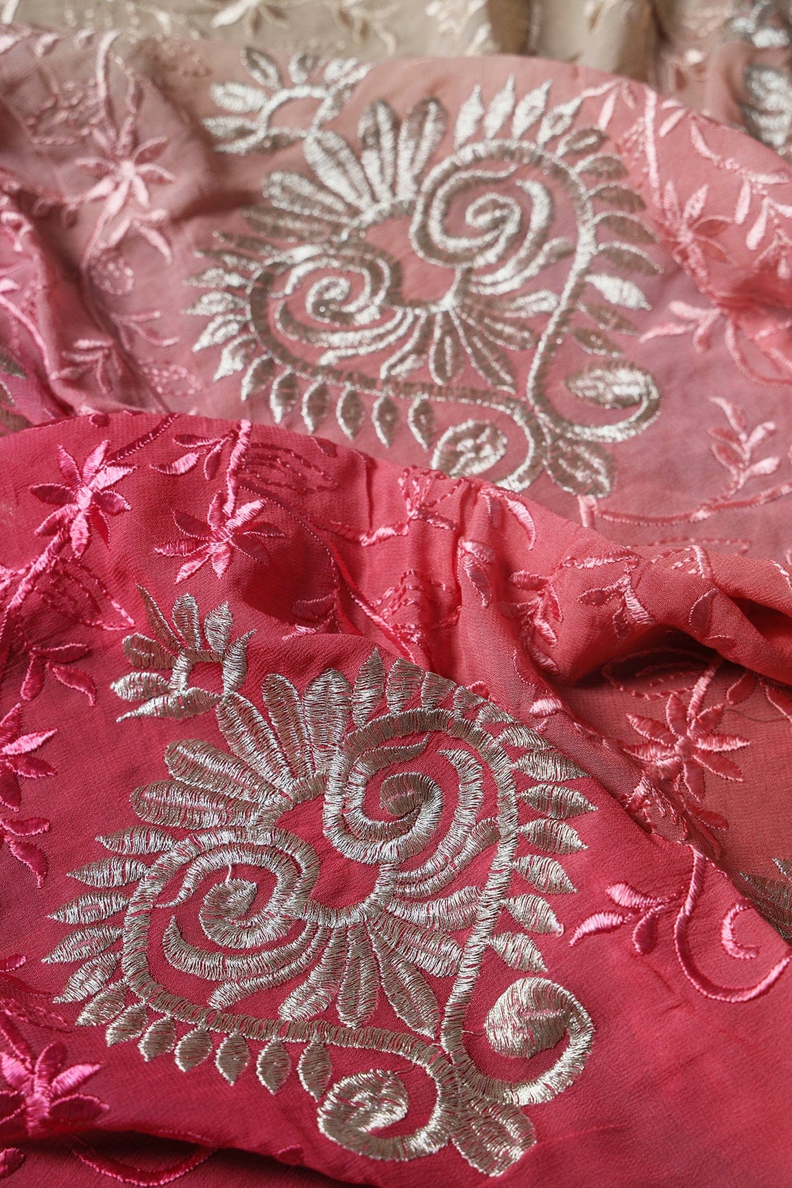 1.25 Meter Cut Piece Of Multi Thread With Silver Zari Floral Embroidery On Multi Color Viscose Georgette Fabric - doeraa