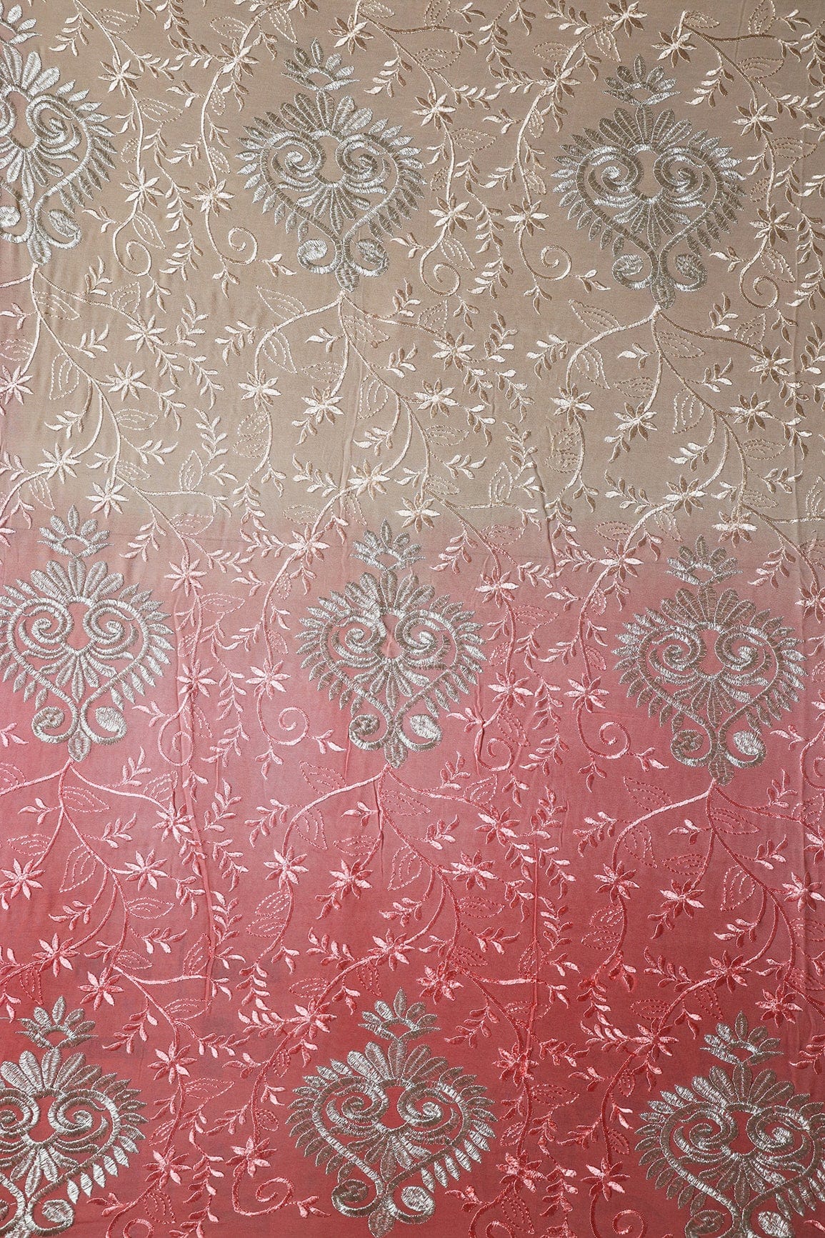 1.25 Meter Cut Piece Of Multi Thread With Silver Zari Floral Embroidery On Multi Color Viscose Georgette Fabric - doeraa