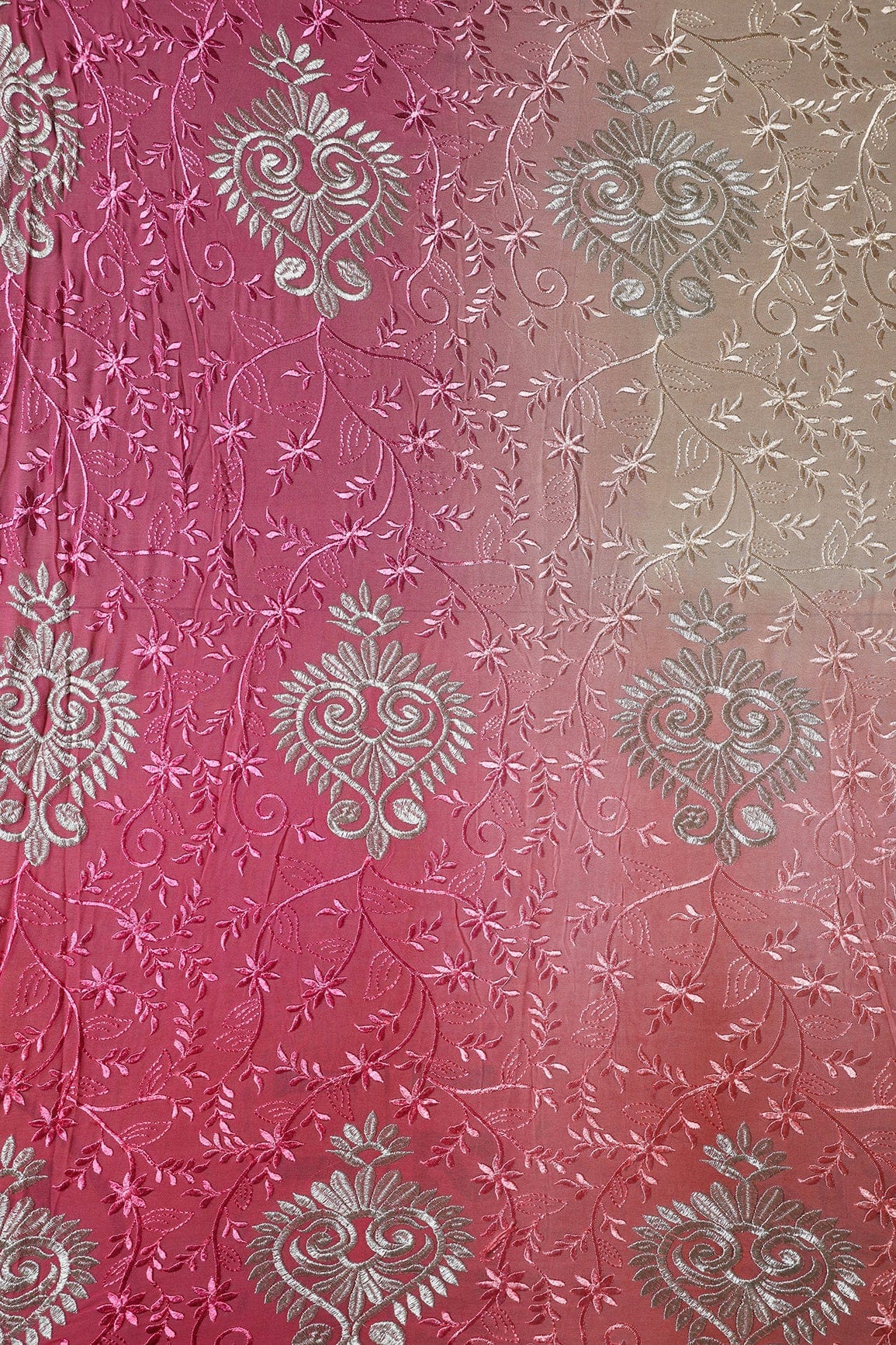 1.25 Meter Cut Piece Of Multi Thread With Silver Zari Floral Embroidery On Multi Color Viscose Georgette Fabric - doeraa