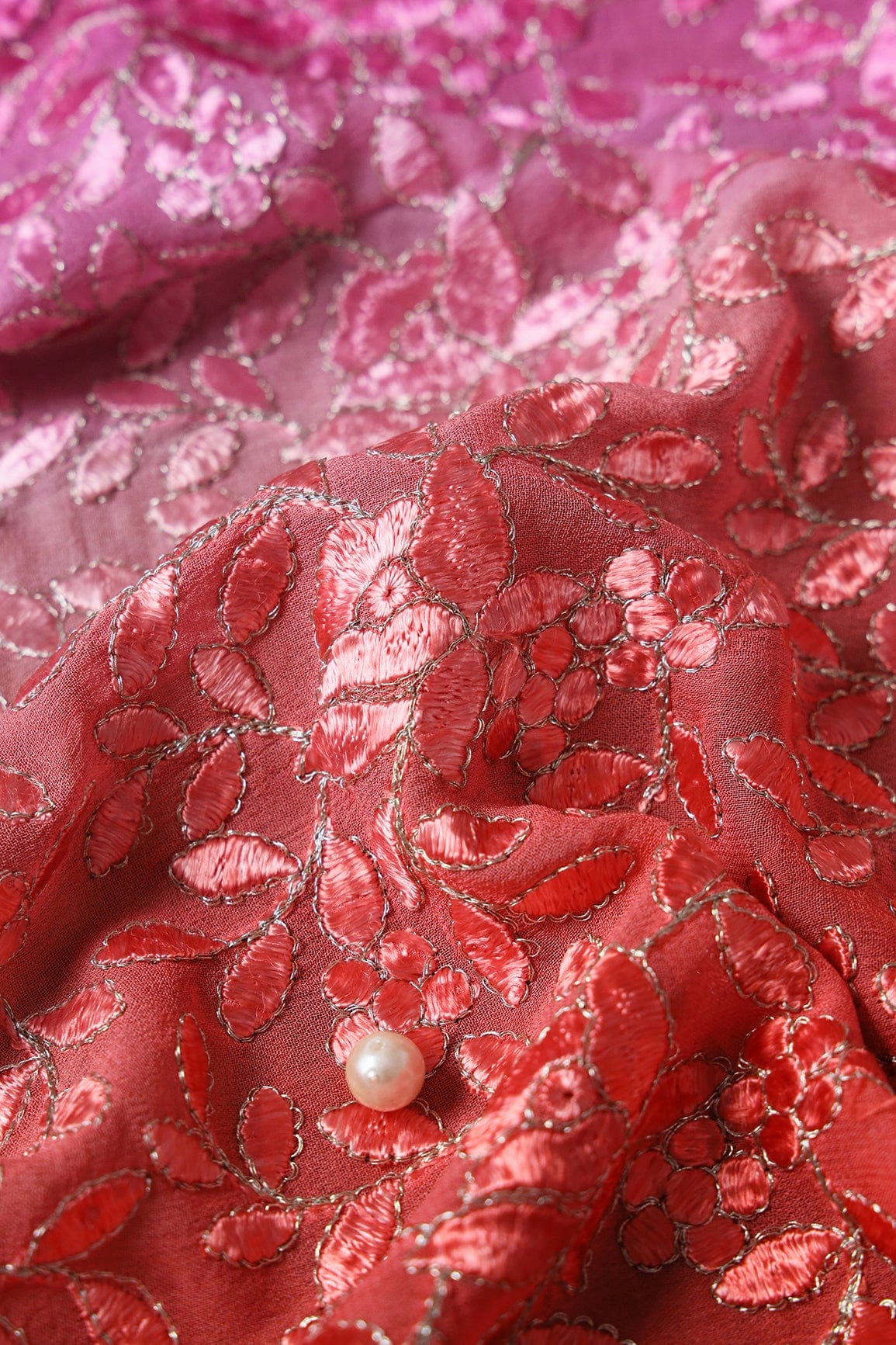 1.25 Meter Cut Piece Of Multi Thread With Zari Leafy Embroidery On Multi Color Viscose Georgette Fabric - doeraa