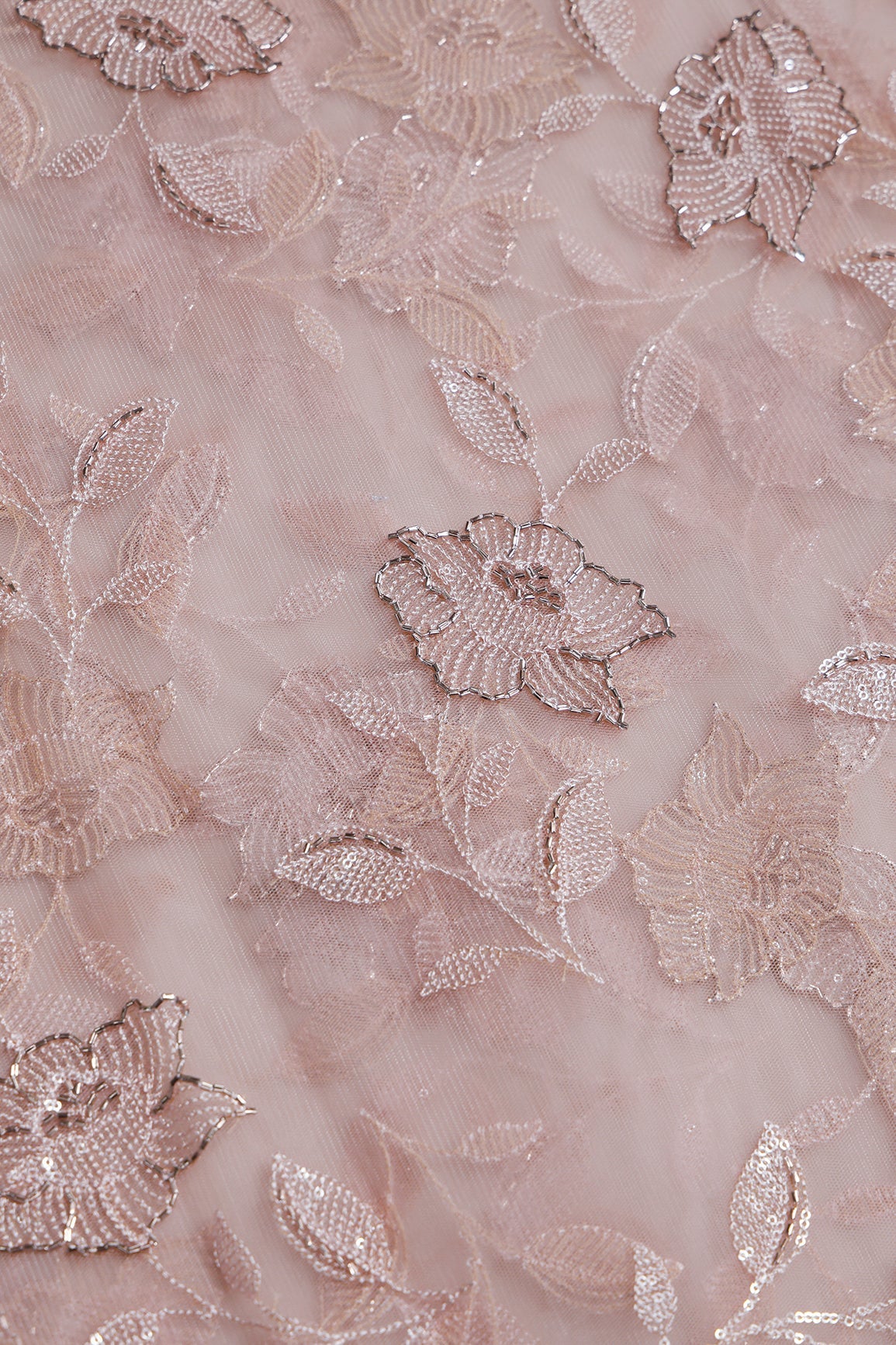 1.40 Meter Cut Piece Of Mauve Thread & Beads With Water Sequins Floral Embroidery Work On Mauve Soft Net Fabric - doeraa