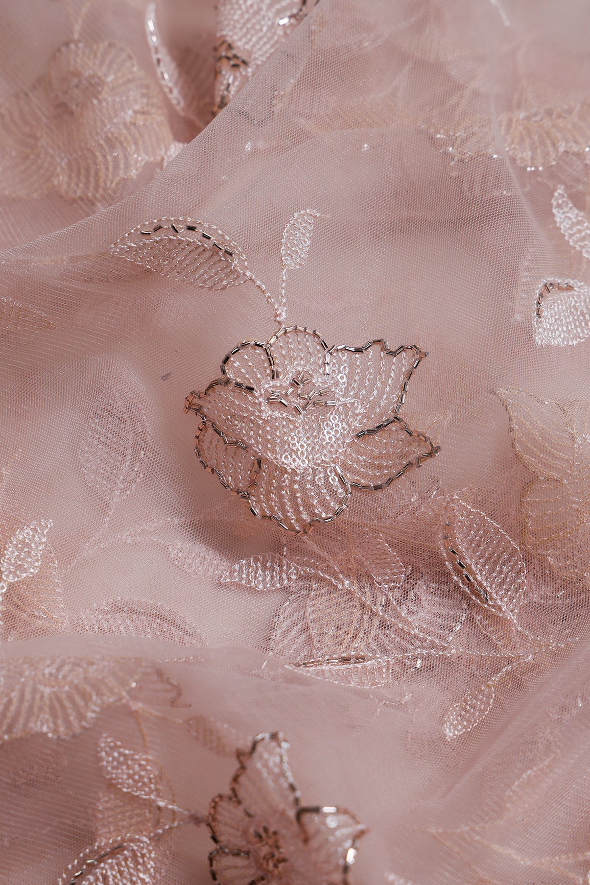 1.40 Meter Cut Piece Of Mauve Thread & Beads With Water Sequins Floral Embroidery Work On Mauve Soft Net Fabric - doeraa