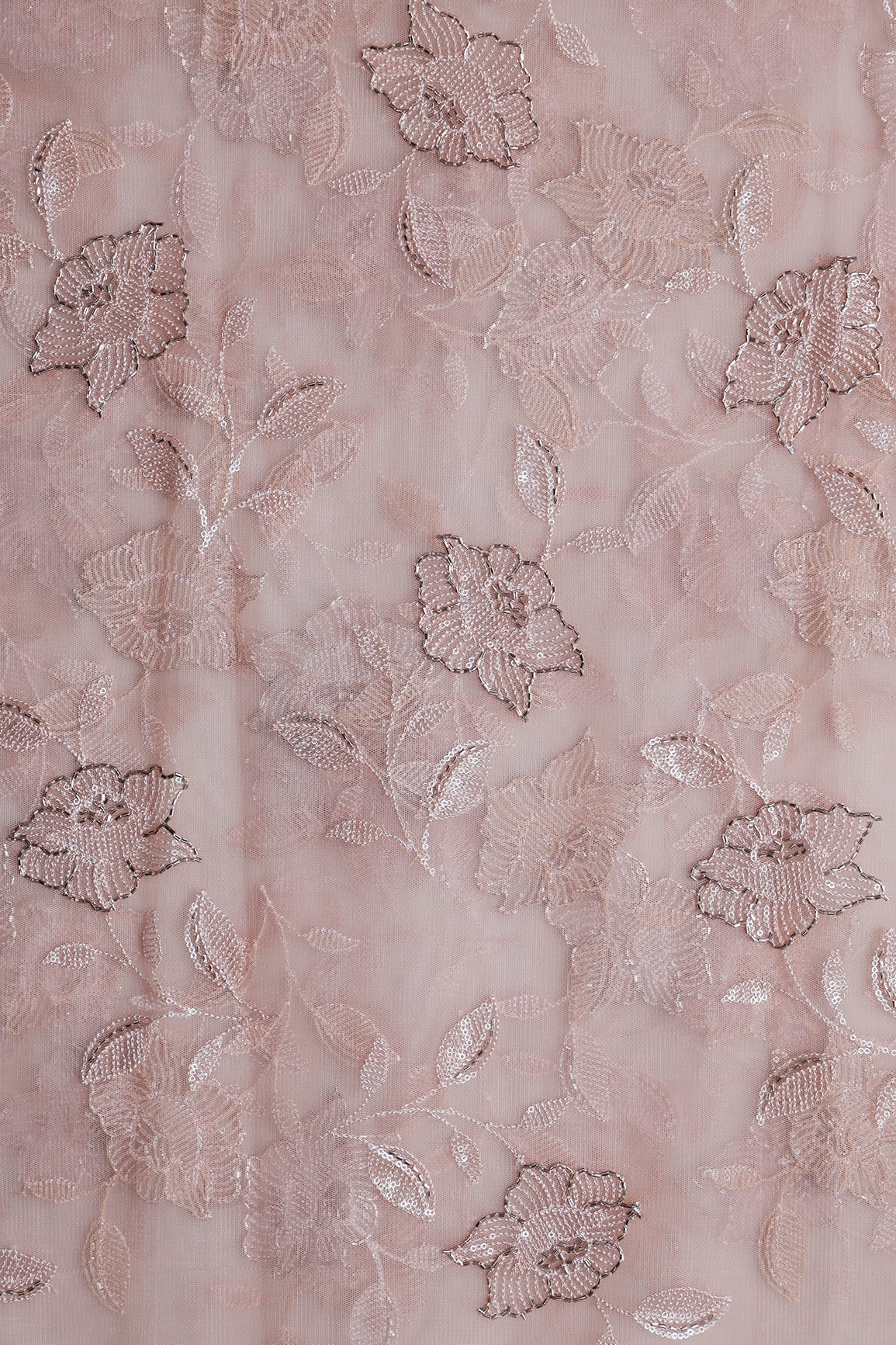 1.40 Meter Cut Piece Of Mauve Thread & Beads With Water Sequins Floral Embroidery Work On Mauve Soft Net Fabric - doeraa