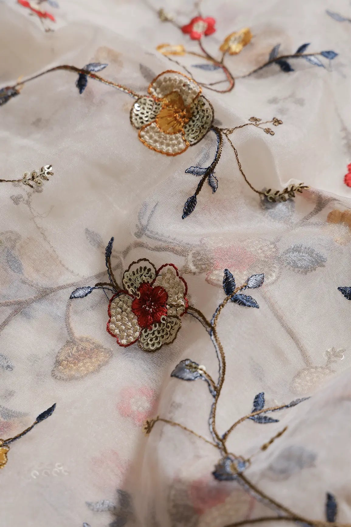 1.50 Meter Cut Piece Of Beautiful Floral Multi Color Thread with Sequins Embroidery Work On Peach Organza Fabric - doeraa