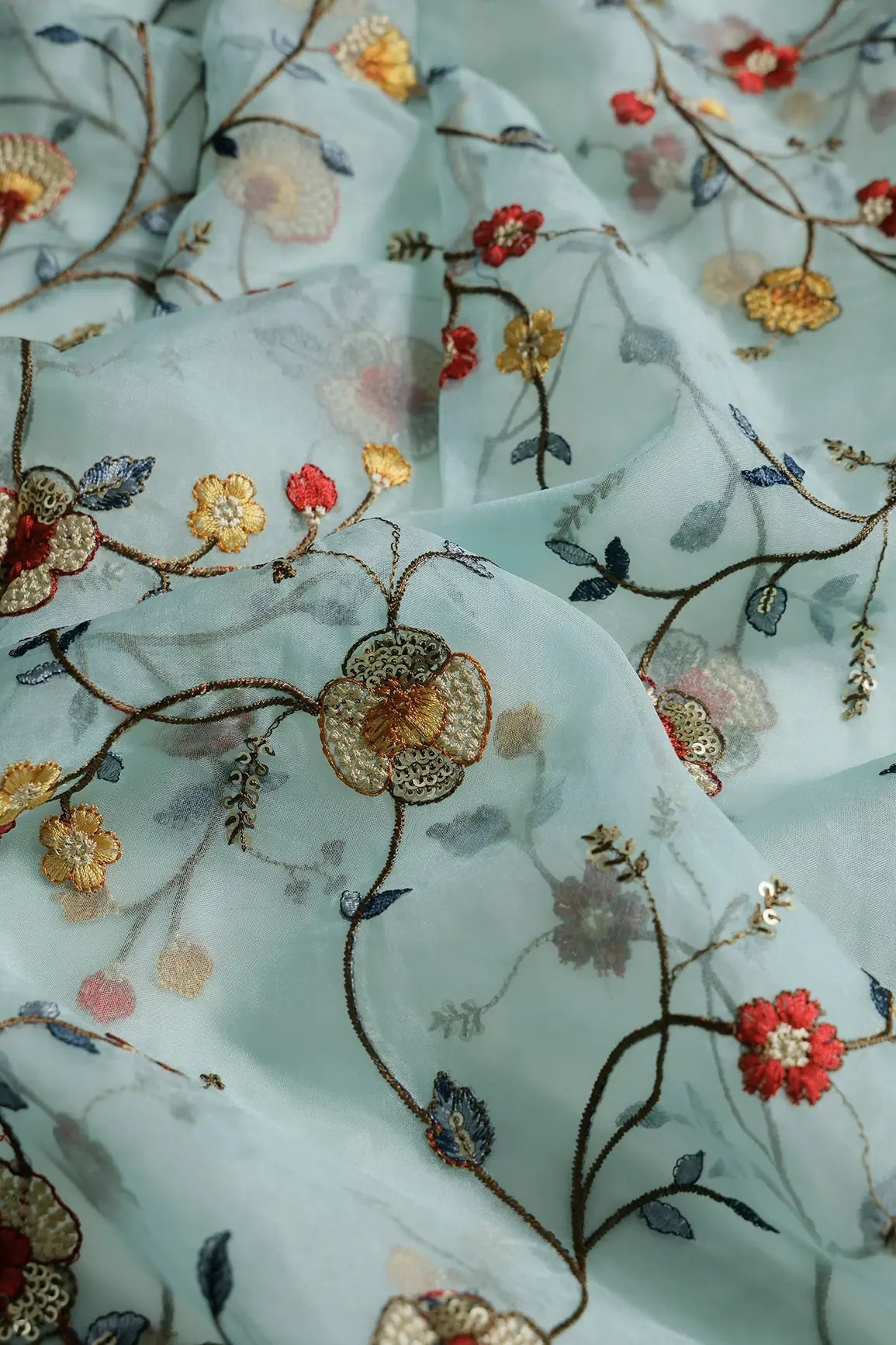 1.50 Meter Cut Piece Of Beautiful Floral Multi Color Thread with Sequins Embroidery Work On Sea Green Organza Fabric - doeraa