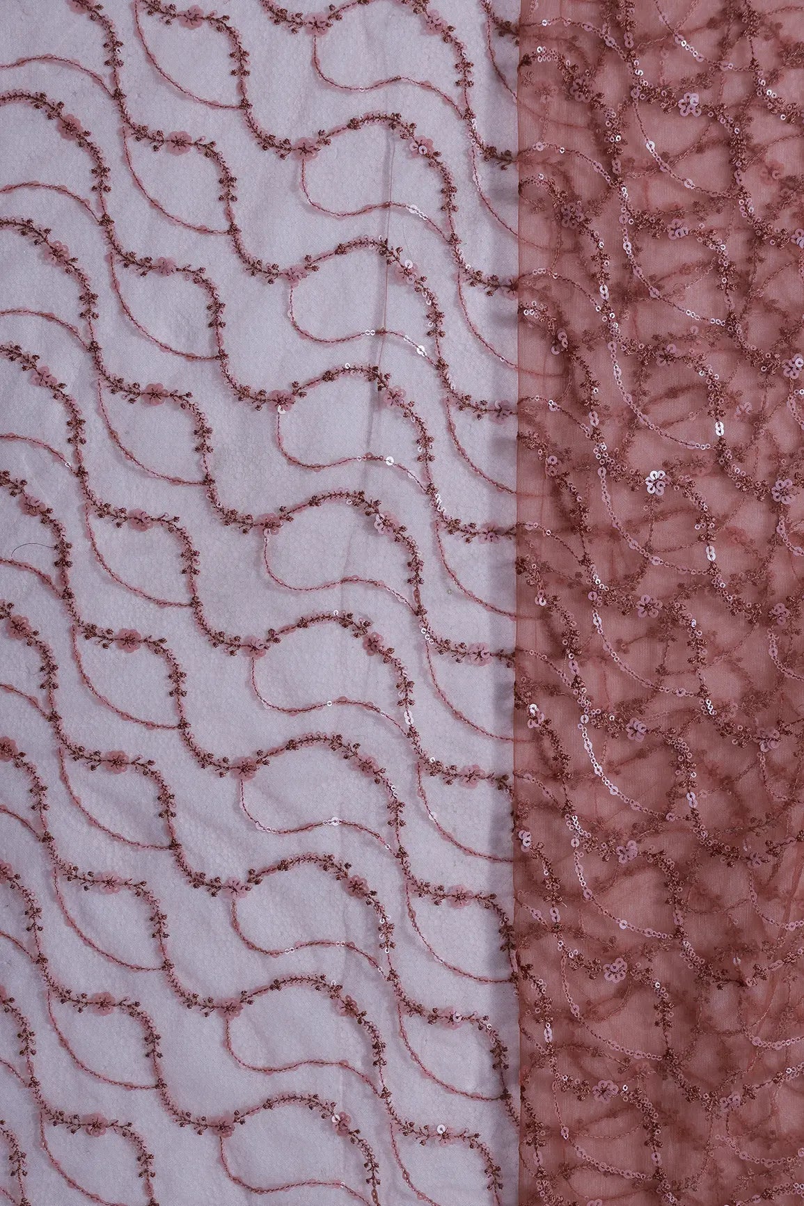 1.50 Meter Cut Piece Of Beautiful Sequins With Gajri Thread Wavy Embroidery Work On Gajri Soft Net Fabric - doeraa