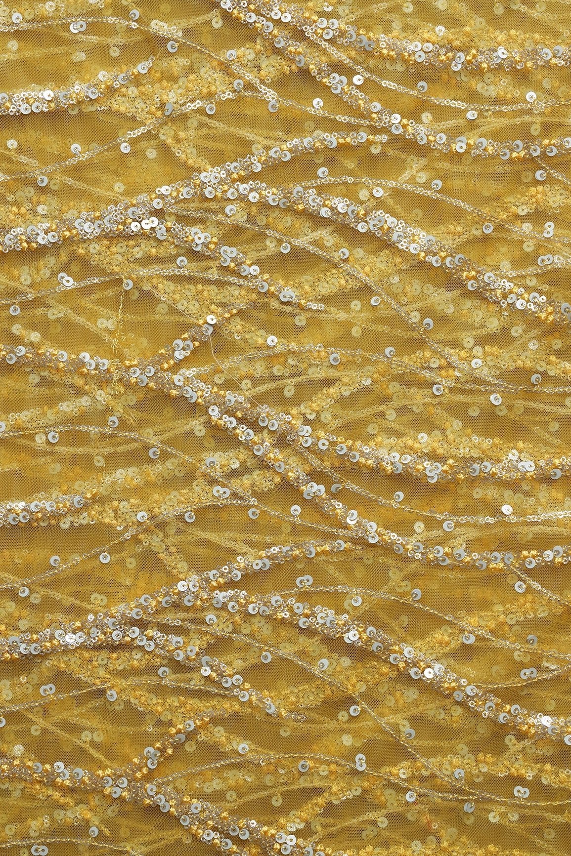 1.50 Meter Cut Piece Of Gold And Silver Sequins With yellow Thread Wavy Embroidery Work On yellow Soft Net Fabric - doeraa