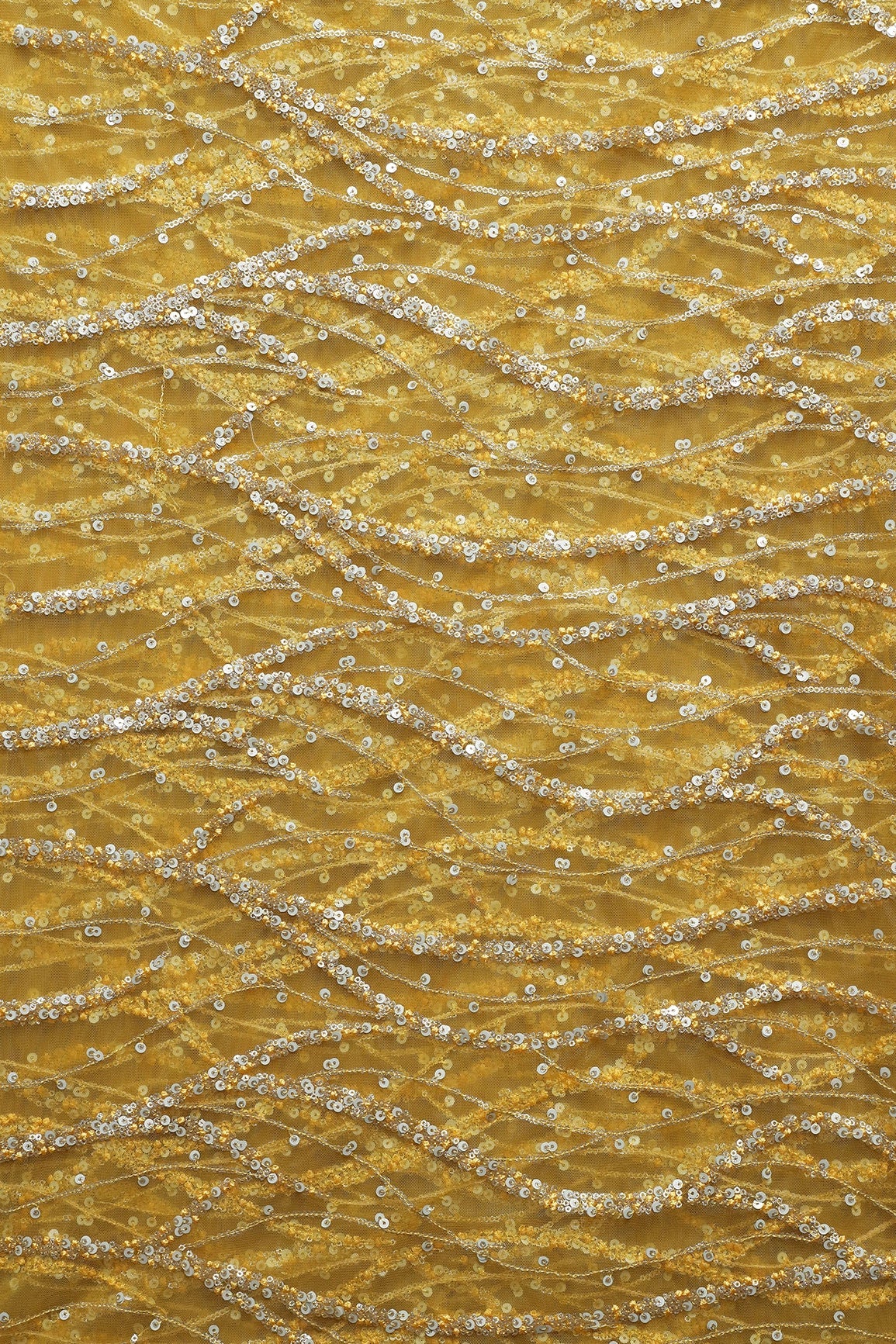 1.50 Meter Cut Piece Of Gold And Silver Sequins With yellow Thread Wavy Embroidery Work On yellow Soft Net Fabric - doeraa