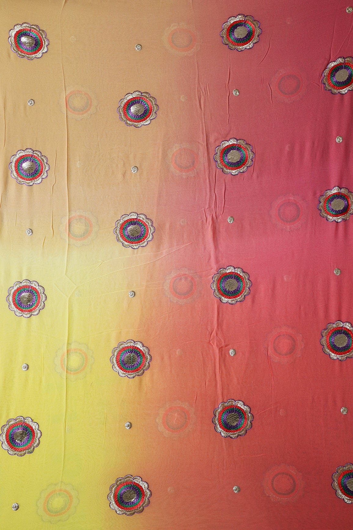 1.50 Meter Cut Piece Of Multi Thread With Gold Zari Floral Embroidery On Multi Color Viscose Georgette Fabric - doeraa