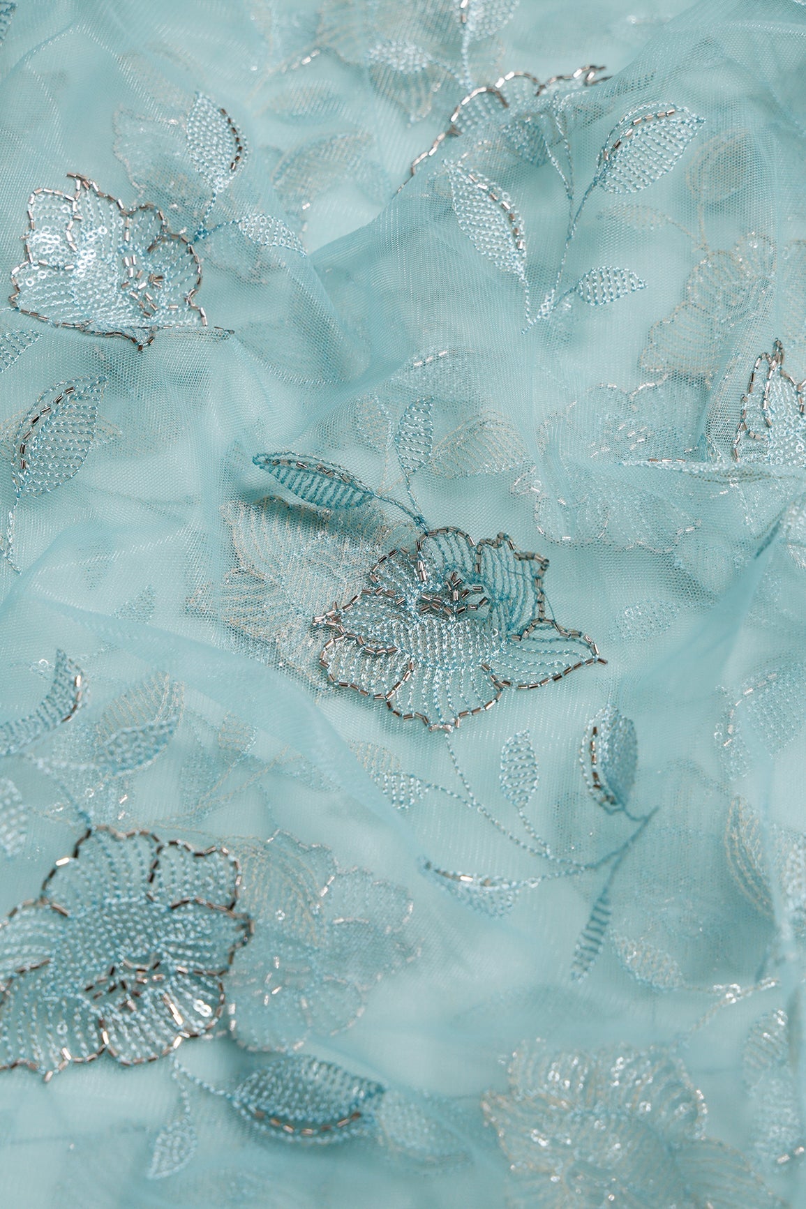 1.50 Meter Cut Piece Of Pastel Blue Thread & Beads With Water Sequins Floral Embroidery Work On Pastel Blue Soft Net Fabric - doeraa