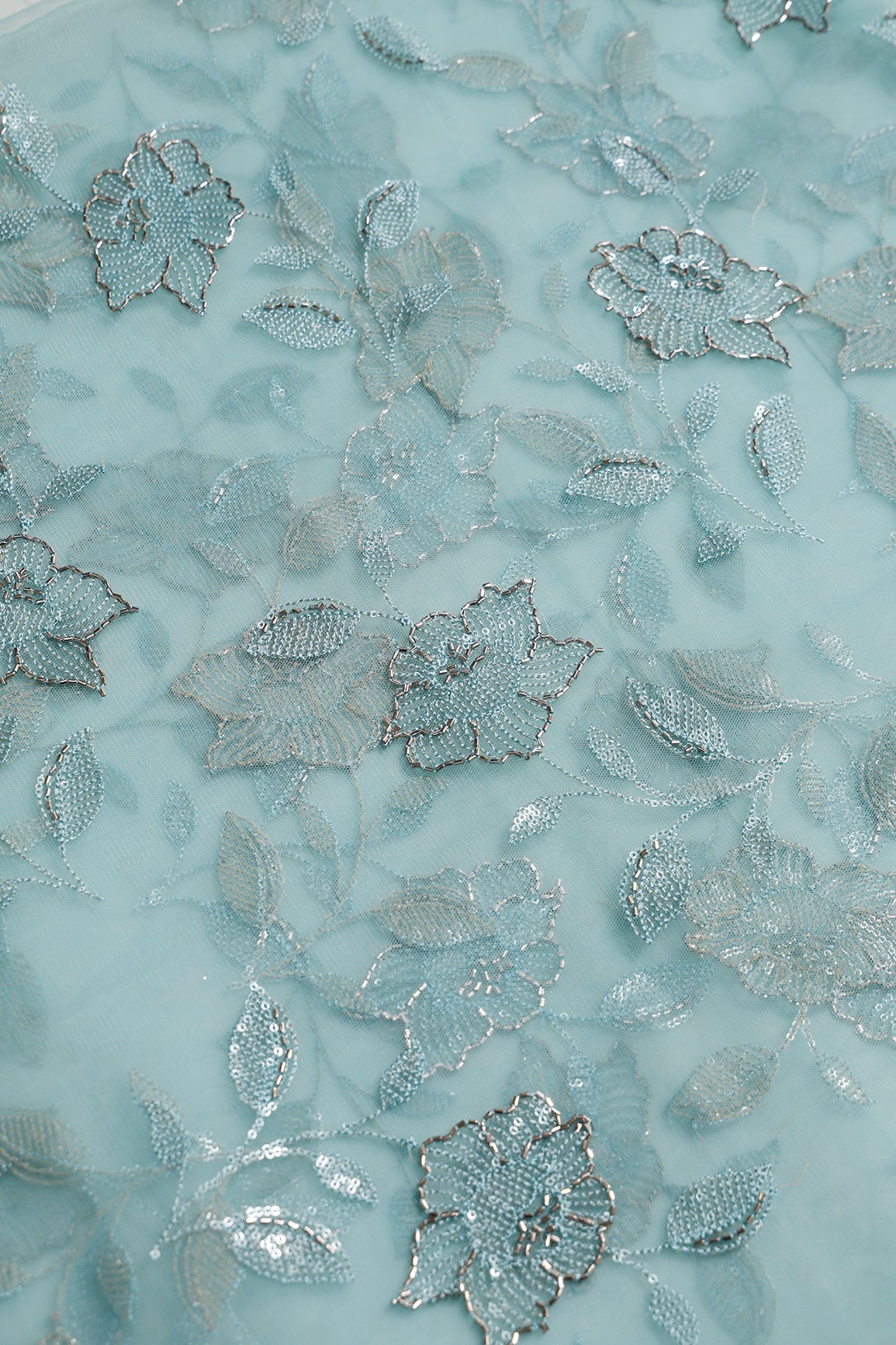 1.50 Meter Cut Piece Of Pastel Blue Thread & Beads With Water Sequins Floral Embroidery Work On Pastel Blue Soft Net Fabric - doeraa