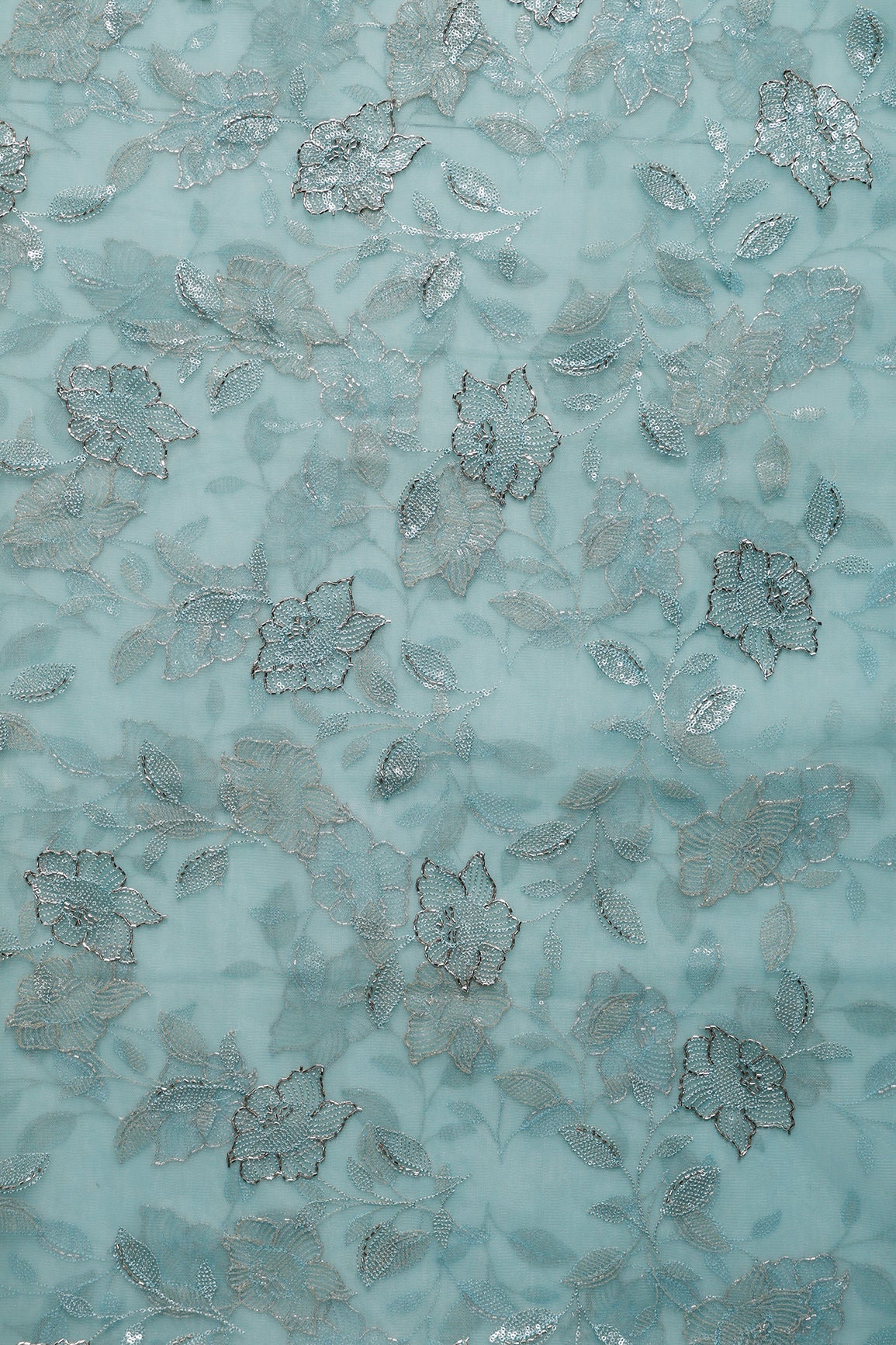 1.50 Meter Cut Piece Of Pastel Blue Thread & Beads With Water Sequins Floral Embroidery Work On Pastel Blue Soft Net Fabric - doeraa