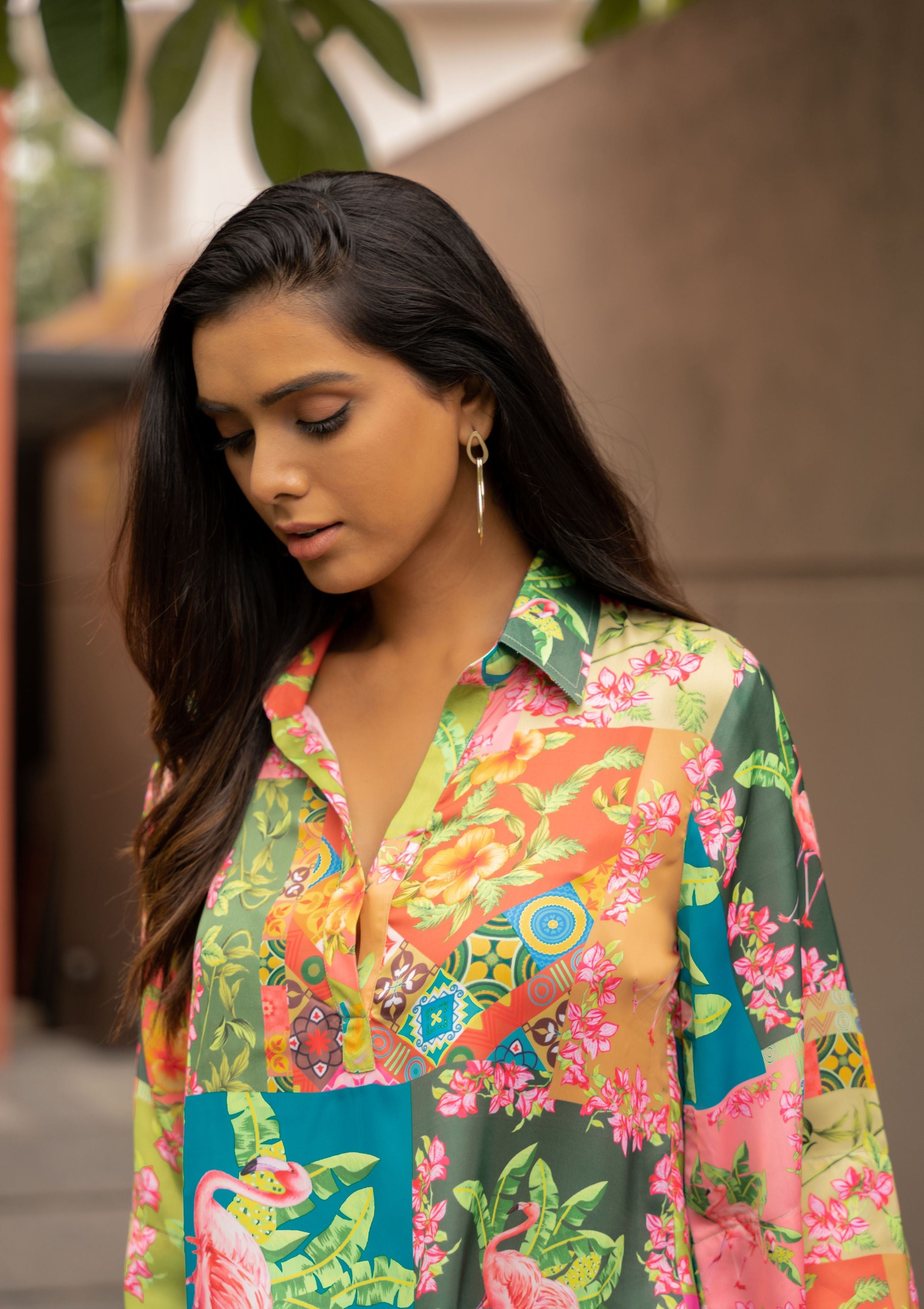 Lea Botanical Patch Print Satin Crop Shirt